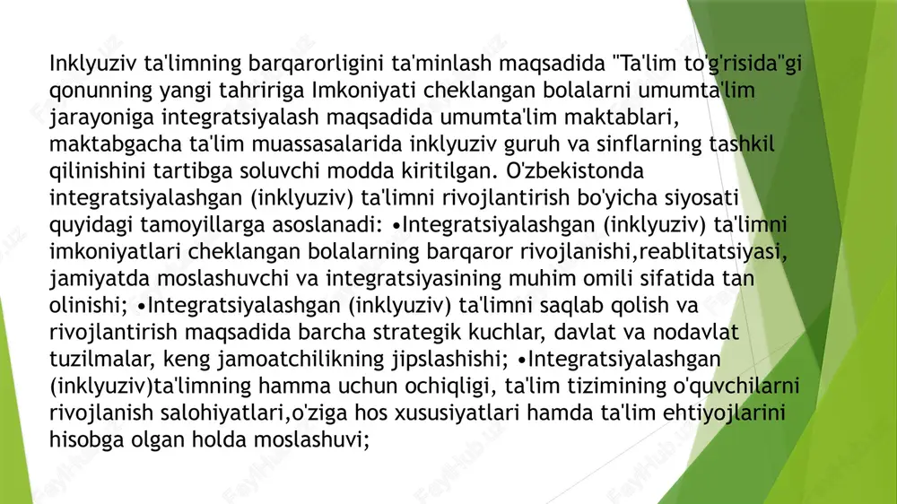 odik majmualar va ommabop adabiyotlarni yaratish. 2002-yilning 31-may kuni "ta'lim hamma uchun dakar dekloratsiyasi"ning mohiyatini o'zbekistonda tadbiq etish yuzasidan xalq ta'limi vazirligi, yunesko xalqaro tashkiloti bilan hamkorlikda "ta'lim hamma uchun" mavzusida xalqaro forum tashkil etildi. forumda xalqaro yunesko tashkilotining eksperti janob kotibxon ishtirok etib, forum qatnashchilariga "ta'lim hamma uchun"milliy dastur rejasini ishlab chiqish mavzusida seminar tashkil etdi. natijada 2003-yil "ta'lim hamma uchun" dasturining milliy rejasi ishlab chiqildi. "ta'lim hamma uchun" dasturining milliy rejasi 2000-yilgi dakar shartnomalari doirasida ishlab chiqilgan bo'lib, siyosatchilar, ta'lim tizimi, vazirlik va idoralar rahbarlari, pedagoglar, jamoat arboblari, o'zbekiston respublikasi uzluksiz ta'lim tizimini rivojlantirish muammolari bilan qiziquvchi barcha shaxslar uchun mo'ljallangan. "ta'lim hamma uchun"milliy harakat rejasini ro'yobga chiqarish bo'yicha 2001-2015-yillarga mo'ljallangan tadbirlar belgilanib,u ta'lim hamma uchun milliy harakati hamda umumiy o'rta ta'lim maqsad va vazifalarini ro'yobga chiqarish siyosati" deb nom olgan vi bandining ix yo'nalishi maxsus ta’limga yo'naltirilgan bo'lib, unda maxsus ehtiyojli bolalarni umumta'lim muassasalariga jalb etishda qonunchilik …