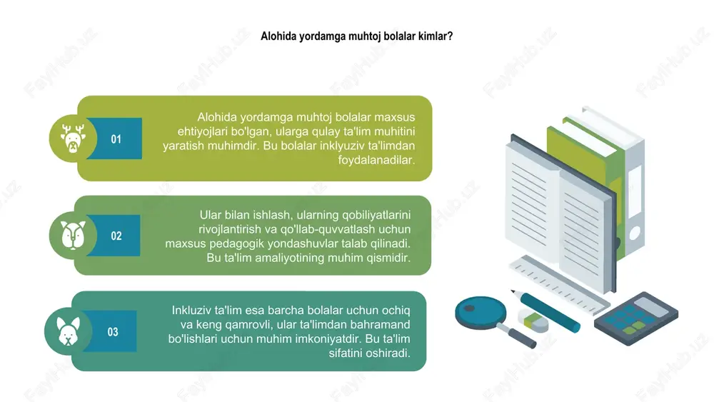 oq ta'lim olishlariga yordam beradi, ularning mustaqil va raqobatbardosh shaxslar bo‘lishiga imkon yaratadi. 01 inkluziv ta'limning muvaffaqiyatlar va muammolari inkluziv ta'lim bolalarning teng huquqlarini ta'minlash va ijtimoiy integratsiyani oshirish uchun muhimdir, ammo muammolar va qiyinchiliklar ham mavjud. 01 yordamga muhtoj bolalar uchun moslashtirilgan ta'lim muassasalari va mutaxassislar ehtiyoji yuqori bo'lib, amaliyotda muvofiqlikni ta'minlash muhim ahamiyat kasb etadi. 02 muvaffaqiyatlar qatorida, inkluziv ta'limda ijtimoiy qabul va o'z-o'zini anglash rivojlanadi, muammolar esa dasturlarni takomillashtirishni taqozo etadi. 03 innovatsion texnologiyalar va yordamchi qurilmalar alohida yordamga muhtoj bolalar uchun inklyuziv ta'lim muhim, ular uchun imkoniyatlar yaratib, tenglik va haqiqatni ta'minlaydi. innovatsion texnologiyalar rivojlangan mazmunni taqdim etadi. yordamchi qurilmalar yordamida bolalar o'z imkoniyatlarini kengaytiradi, muhim qobiliyatlarni rivojlantiradi va jamiyatda o'z o'rnini topishga yordam beradi. bu amaliyot ta'lim sifatini oshiradi. inkluziv ta'limda texnologiyalar va yordamchi qurilmalar muhim rol o'ynaydi, ular bolalarni mustaqil va hayotga tayyor qilishga imkon yaratadi. bu borada innovatsiya davom etadi. 01 03 02 …