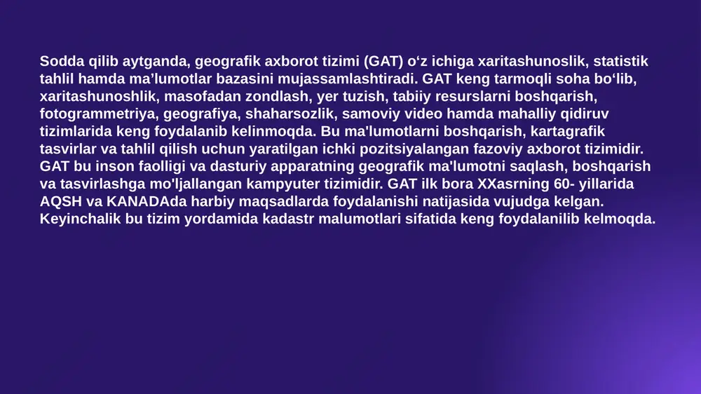ob’ektlar (tog‘lar, daryolar) relyefini kuzatish. 3. tarixiy ma’lumotlarni ko‘rish biror hududning o‘tgan yillardagi sun’iy yo‘ldosh tasvirlarini solishtirish. o‘simlik qoplamining o‘zgarishi, shaharlarning kengayishi yoki suv sathining o‘zgarishini tahlil qilish. gulasal qochqorova (g) - e'tiboringiz uchun rahmat gulasal qochqorova (g) - image3.png image1.png image5.png image6.png image7.png image8.png image9.png image10.png image11.png image12.png image2.png /docprops/thumbnail.jpeg