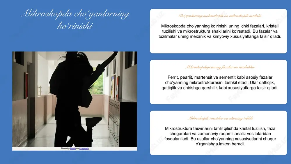 ʻliq bo'lib, mikrostruktura bilan chambarchas bogʻliqdir. masalan, karbon miqdori va temir kristallining shakli bu xususiyatlarni belgilaydi. mikrostrukturaga bogʻliq holda, choʻyanlarning mexanik xususiyatlari o'zgaradi. yassi qotib qolgan karbonli choʻyanlar yuqori qattiqlikka ega boʻlsa, paxta karbonli choʻyanlar elastikroq boʻladi. bu xususiyatlar, ishlash sharoitlariga moslashish uchun muhimdir. choʻyanlarning ishlash sharoitlariga taʼsiri, ularning mexanik xususiyatlarini taʼsir qiladi. masalan, yuqori qattiqlik va elastiklik talab qilinadigan joylarda, mikrostrukturaga moslashtirilgan choʻyanlar ishlatiladi. bu esa, ularning uzoq muddatli ishlashini taʼminlaydi. mikroskop yordamida choʻyanlarning mikrostrukturasini o‘rganish mikroskop turlari, masalan, optik, elektron va rentgen mikroskoplari, choʻyan mikrostrukturasini o‘rganishda muhim rol oʻynaydi. o‘rganishda makroskopik va mikroskopik metodlar, kimyoviy analizlar qoʻllaniladi. natijalar mikrostruktura fazalari va mexanik xususiyatlar oʻrtasidagi bogʻliqlikni koʻrsatadi, bu esa materialning sifatini baholashda yordam beradi. photo by giulia squillace on unsplash o‘zbekiston milliy universiteti cho‘yanlarning mikrostrukturasini va mexanik xususiyatlarini o‘rganish, ularning mustahkamligi uchun muhimdir. xulosa mikroskopik tahlil ahamiyati mikroskopik tahlil choʻyanlarning mikrostrukturasini aniqlashda muhim rol oʻynaydi. turli mikroskoplar va metodlar …