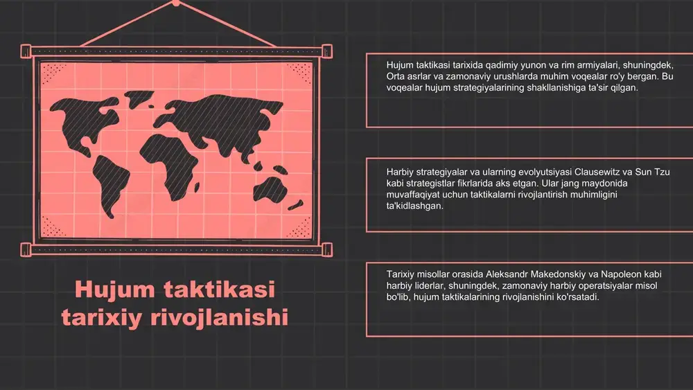 ash va zudlik bilan tuzatish uchun joriy nazorat mexanizmlarini yaratish, xavf darajasini pasaytiradi. amaliy misollar hujum taktikalarida muvaffaqiyatli va muvaffaqiyatsiz hujumlar misollari. ularning sabablari va natijalari tahlil qilinadi. muvaffaqiyatli hujumlar odatda yaxshi rejalashtirilgan va resurslar bilan ta'minlangan bo'ladi. masalan, raqamli hujumda muvaffaqiyatga erishish uchun kuchli xavfsizlik buzilishi orqali kirish amalga oshiriladi. muvaffaqiyatsiz hujumlar esa kam rejalashtirilgan yoki resurslar yetishmasligi sababli muvaffaqiyatsizlikka uchraydi. masalan, noto'g'ri maqsad tanlash yoki xavfsizlik devorlarini buzishga urinish. xatoliklarni oldini olish uchun hujumlarni tahlil qilish, jamoaviy ish, puxta rejalashtirish va hujumdan keyin natijalarni baholash muhim. bu taktikalarni doimiy ravishda rivojlantirish zarur. xulosa hujum taktikasi asosiy prinsiplari va ularning harbiy strategiyadagi o'rni aniqlanadi. bu prinsiplar zamonaviy urushlarda muhim rol o'ynaydi va texnologik rivojlanish bilan kengaymoqda. tarixiy rivojlanishi va evolyutsiyasi harbiy taktikalarni o'zgarishiga olib keldi. zamonaviy urushlar uchun bu prinsiplarning ahamiyati juda katta bo'lib, ular harbiy strategiyaning asosidir. kelajakda yangi texnologiyalar, sun'iy intellekt va avtomatlashtirish hujum taktikalarini shakllantiradi. tahlil, …
