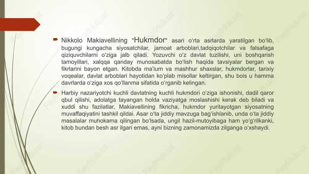 igi taqdirdagi o‘zgarishlarga ham ta’sir qiladi.-deb yozadi makiavelli. makiavelli fikricha inson faqat taqdirga bo‘ysunib yashash xatodir. u o‘z qo‘lidan kelgan faoliyatni yuritishi kerak va bu faoliyat orqali u o‘z taqdiriga ta’sir ko‘rsatadi. “taqdir xuddi asov daryoga o‘xshaydi, u yo‘lida duch kelgan barcha narsalarni oqizib yuboradi. ammo bu daryoning o‘zani va oqimini bilgan siyosatchi ehtiyotkorlik bilan oldindan harakat qilishi mumkin. u xavf- xatarni oldini olish uchun darayoning ayrim joylariga to‘g‘on qurishi mumkin va bu to‘g‘onlar orqali o‘zini xavf-xatardan asaraydi. taqdir o‘yinlarida omad ko‘proq tavakkal qiluvchilarga kulib boqadi” deb yozadi makiavelli. insonlar tomonidan sodir bo‘ladigan buzg‘unchiliklarga qarshi davlat qonun-qoidalar ishlab chiqaradi. dinning kelib chiqishi masalasiga to‘xtab makiavelli bu masalani uning ijtimoiy zaruriyatdan paydo bo‘lganligini uqtirib o‘tadi. xalq birligini ta’minlovchi asosiy ijtimoiy kuchlardan biri bu dindir. xristian dinining axloqiy asoslari makiavelli davridagi biron-bir yevropa davlatlarida e’tiborga olinmadi. agar bu axloqiy printsiplarga rioya qilinganda edi deb hisoblaydi. makiavelli-yevropa davlatlari o‘rtasidagi nizolarga barham berilgan bo‘lur …