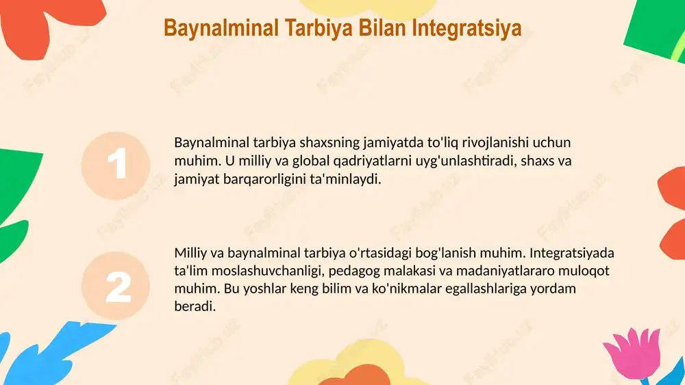 riy etish talab etiladi. bu, o‘quv jarayonida milliylik va globallikni muvofiqlashtirish orqali amalga oshiriladi. ahamiyati va natijalari muvofiqlikni ta’minlash natijasida, yoshlar o‘z milliyligini saqlab qolgan holda, globallashuv sharoitida muvaffaqiyatli rivojlanaadi. bu, milliy taraqqiyotga, madaniyatlar o‘rtasidagi tushunishga va xalqaro hamkorlikni rivojlantirishga xizmat qiladi. strategiyalarni belgilash muvofiqlikni ta'minlash strategiyalari ta'lim dasturlarini integratsiyalash va o'zaro tajriba almashish muhim. bu milliy qadriyatlar va global talablar muvofiqligini ta'minlaydi. amaliy yondashuvlar o'quv dasturlarini moslashtirish, onlayn platformalar va xalqaro hamkorliklarni kengaytirish muhim. o'qituvchilar tayyorlashi va malakasini oshirish ham zarur. photo by vera davidova on unsplash amaliyotda integratsiya milliy va baynalminal tarbiya amaliyotida integratsiya muhim, u ta'lim dasturlarini moslashtirish va mintaqaviy rivojlanishni ta'minlaydi. masalan, milliy qadriyatlarni zamonaviy pedagogika bilan birlashtirish. amaliy misollar: milliy adabiyot va madaniyatni dasturlarga kiritish, interaktiv texnologiyalarni qo'llash, o'qituvchilar bilan talabalar o'rtasida doimiy muloqotni rivojlantirish, global bilimlarni jamlash. 01 02 kelajakdagi yo‘nalishlar milliy va baynalminal ta'lim o‘rtasidagi muvofiqlikni rivojlantirish uchun innovatsion yondashuvlar, zamonaviy pedagogik metodlar …