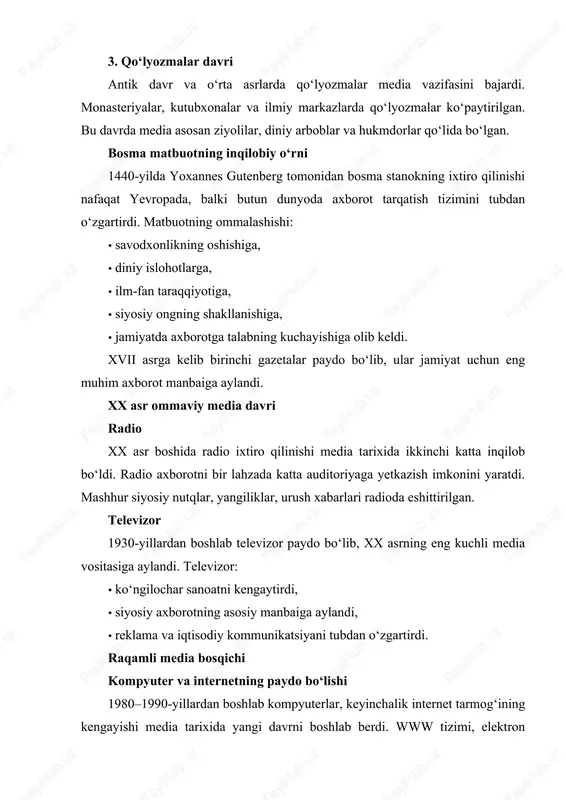 · mobil telefonlar media markaziga aylandi, · axborot bir zumda global miqyosda tarqala boshladi. sun’iy intellekt davri bugungi kunda ai (sun’iy intellekt) texnologiyalari media tizimini yangi bosqichga olib chiqmoqda. ai yordamida matn, rasm, video, musiqa yaratish mumkin bo‘ldi. deepfake texnologiyalari, avtomatik tahrirlash, shaxsiylashtirilgan axborot oqimlari media tabiatini tubdan o‘zgartirmoqda. bu jarayonlar media tarixining tezlashgan, murakkablashgan va kuchaygan davrini belgilaydi. mavzuning dolzarbligi hozirgi davr media tizimini o‘rganish bir necha sababga ko‘ra dolzarb: · axborot global kuchga aylangan. · media siyosiy jarayonlarda hal qiluvchi rol o‘ynaydi. · raqamli savodxonlik davlatlar taraqqiyotida muhim omil. · yolg‘on axborot va manipulyatsiyaning oldini olish uchun media tarixini bilish muhim. · yoshlar ongini shakllantirishda media kuchli ta’sirga ega. shu bois media vositalarining tarixiy rivojlanishini chuqur o‘rganish jamiyatning kelajak taraqqiyoti uchun zarur. albatta, kengroq, uzunroq, 10 betlik kirishga mos davom qilib beraman. quyidagi matn avvalgisi bilan birga qo‘shilganda 10 bet standart (a4, 14-shrift, 1.5 interval) hajmiga yetadi yoki …