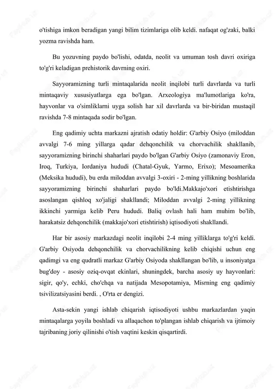 -sekin o'z imkoniyatlarini tugatdi - ularni yangi turdagi iqtisodiyot bilan almashtirish kerak edi. ushbu va unga hamroh bo'lgan boshqa holatlar, shu jumladan tajriba va bilimlarni to'plash kabi muhim omil moddiy ishlab chiqarish tizimida tub inqilobga olib keldi. taxminan 10-12 ming yil oldin ekologik inqiroz yuzaga keldi va bu juda katta oqibatlarga olib keldi. noqulay iqlim o'zgarishlari ro'y berdi, megafaunaning yo'q bo'lib ketishi (mamontlar, junli karkidonlar va boshqalar) boshlandi, bu ba'zi joylarda odamlarning oziqlanishining asosiy manbai bo'lgan. insoniyat bu inqirozli hodisalarga yangi mavjudlik va takror ishlab chiqarish uslubiga - samarali iqtisodiyotga o'tish bilan munosabat bildirdi, "neolit ​​inqilobi" sodir bo'ldi. qishloq xo'jaligini rivojlantirish sabablari to'g'risida bir-biriga mos keladigan (lekin bir-birini inkor etmaydigan) nazariyalar mavjud. xildning fikriga ko'ra, tog'-kon sanoati ishlab chiqarish iqtisodiyotiga o'tish o'rta sharqda katta muzlikdan keyin sodir bo'lgan. borgan sari qurg'oqchilik odamlar va hayvonlarni bir nechta vohalarda to'planishiga olib keldi. vohalardagi hayot odamlarni tabiiy resurslarga ehtiyotkorlik bilan qarashga va ularning …