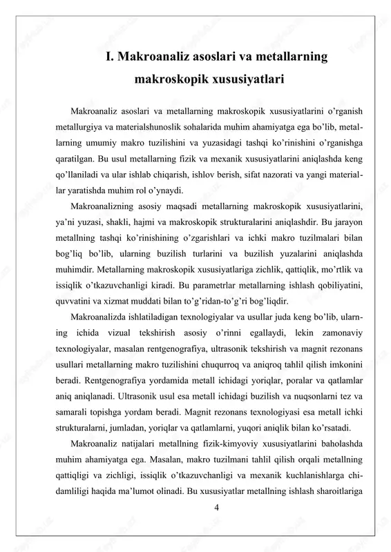 pasaytiradi va buzilish xavfini oshiradi, shuning uchun ularni aniqlash va lokalizatsiya qilish ishlab chiqarish jarayonida muhim ahamiyatga ega. xulosa qilib aytganda, makroanaliz metallarning makroskopik xususiyatlarini va makro tuzilishini aniqlashda muhim vositadir. bu usul metallarning fizik va mexanik xususiyatlarini baholashda, buzilish va nuqsonlarni aniqlashda, shuningdek, yangi materiallarni ishlab chiqarishda keng qo’llaniladi. makroanaliz yordamida metallarning ichki strukturalarini chuqur o’rganish, ularning texnik va muhandislik xususiyatlarini yaxshiroq tushunishga yordam berib, metallurgiya va boshqa sanoat tarmoqlarida muhim rivojlanishlarga olib kelmoqda. ii. metallarning ichki tuzilishini aniqlash uchun usullar va texnologiyalar metallarning ichki tuzilishini aniqlash uchun usullar va texnologiyalar metallarning makrodayajini va ichki strukturalarini keng qamrovli tarzda o‘rganishga imkon beradigan turli usullar va texnologiyalarni o‘z ichiga oladi. bu usullar metallarning makro tuzilishini chuqurroq tushunish uchun zarur bo‘lib, ularning fizik, mexanik va kimyoviy xususiyatlarini aniqlashda muhim rol o‘ynaydi. metallarning ichki tuzilishini aniqlash bilan bog‘liq texnologiyalar rivojlanishi metallurgiya va materialshunoslik sohalarida yangi yondashuvlar va metodlarning paydo bo‘lishiga olib keldi. …