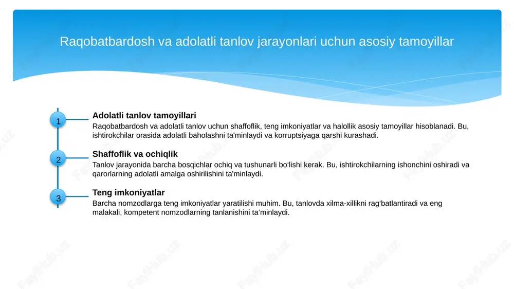 xassislar tanlanadi. 2 tajribali va malakali - o'qituvchilarga ularning ish tajribasi va professional malakasi asosida baho beriladi. bu yondashuv ta'lim sifatini oshirishga va rivojlangan pedagogik metodlarni qo‘llashga yordam beradi. 3 o‘quvchilarga ta'sir - malaka va tajriba, o'qituvchining o‘quvchilarga ta'sir qilish qobiliyatini aniqlashda muhim omil hisoblanadi. bu, o‘quv jarayonining samaradorligini ta'minlaydi. rasmiylashtirish va tayinlashdagi huquqiy asoslar hamda nazorat mexanizmlari. 1 huquqiy asoslar - oʻqituvchilarni rasmiylashtirish va tayinlashda qonuniy hujjatlar, me'yorlar va tartiblar muhim rol oʻynaydi, ular mehnat shartnomasi va rasmiy roʻyxatdan oʻtishni ta'minlaydi. 2 nazorat mexanizmlari - davlat va mahalliy organlar tomonidan amalga oshiriladigan nazorat va auditlar, shuningdek, oʻqituvchilarning faoliyatini monitoring qilish tizimlari sifatni ta'minlashda muhim ahamiyatga ega. 3 tashkiliy tartiblar - tayinlash va rasmiylashtirish jarayonlari uchun aniq tartiblar va hujjatlar majmuasi, ular orqali oʻqituvchilarning malakasi, tajribasi va yuridik holati tekshiriladi. xulosa 1 sifatli tanlov uchun muhim mezonlar to'g'ri mezonlar va baholash usullari sifatli pedagogik kadrlarni tanlashda muhim rol o'ynaydi, ta'lim …