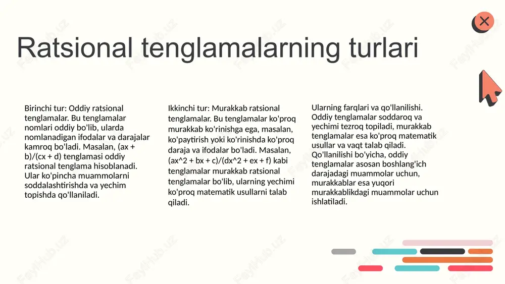 mo yechishga rag'batlantirish muhimdir. tushunchalarni o'zlashtirish usullari talabalarga ratsional tenglamalarni o'zlashtirishda yordam beradigan metodik yondashuvlar va strategiyalar. bu usullar orasida vizual vositalar, amaliy mashqlar, muammo yechish metodlari va sinov usullari mavjud. o'qitishda, talabalarning tushunchalarni chuqur anglashiga erishish uchun, ularning fikrlash jarayonlarini rivojlantiradigan faol metodlarni qo'llash muhimdir. masalan, grafiklar yordamida tenglamalarni vizuallashtirish, muammo yechish uchun real hayotdagi misollarni kiritish va interaktiv seminarlar o'tkazish samarali bo'ladi. photo by mikhail fesenko on unsplash o'qitish jarayonida motivatsiya talabalarni ratsional tenglamalarni o'rganishda motivatsiyani oshirish uchun, o'qituvchilar amaliy misollar, muvaffaqiyat imkoniyatlarini taqdim etish va interaktiv metodlarni joriy etish orqali motivatsiya yaratishi mumkin. bu usullar talabalarning qiziqishini oshiradi va ular faol qatnashishlariga yordam beradi. photo by getty images on unsplash xulosa ratsional tenglamalarni o'qitishda asosiy tushunchalar va ularning xususiyatlari ta'kidlandi. turlari va yechish usullari bilan tanishtirildi. amaliy misollar va metodik yondashuvlarning o'qitishdagi ahamiyati muhokama qilindi. talabalar uchun muhim tushunchalar va qiyinchiliklarni bartaraf etish usullari ko'rib chiqildi. motivatsiya …