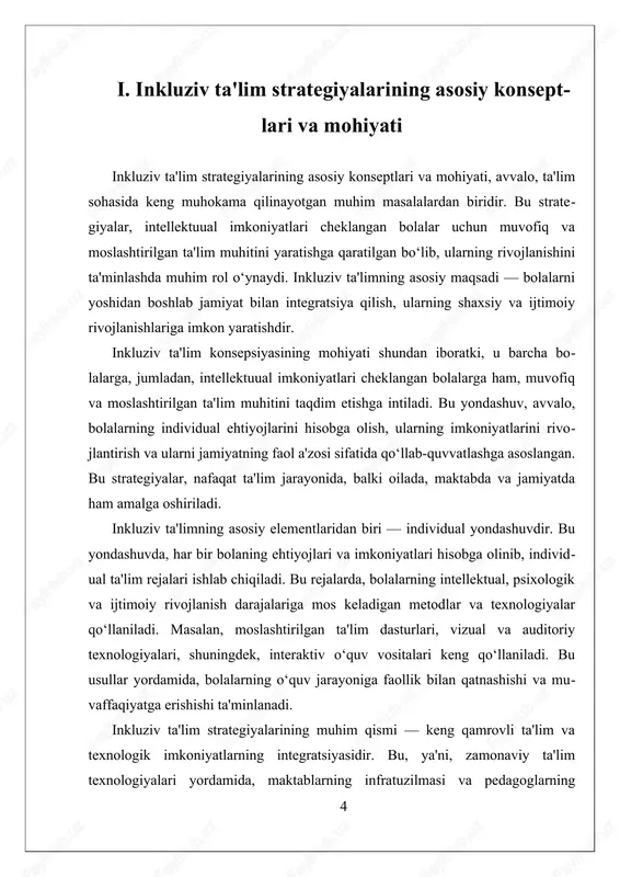 ba'zi joylarda maxsus ta'lim markazlari va texnologik resurslar bilan ta'minlangan maktablar tashkil etiladi, boshqalarda esa, umumiy ta'lim muhitida maxsus ehtiyojlarni hisobga olgan holda muhit yaratish muhimdir. umuman olganda, inkluziv ta'lim strategiyalarining asosiy konseptlari va mohiyati — bu barcha bolalarga muvofiq va moslashtirilgan ta'lim muhitini yaratish, individual yondashuvlarni joriy etish va texnologik imkoniyatlardan foydalanishdir. bu yondashuv, bolalarning imkoniyatlarini to‘liq rivojlantirishga, ularni jamiyatda faol qatnashuvchiga aylantirishga va shaxsiy hamda ijtimoiy rivojlanishlariga xizmat qiladi. shu bilan birga, bu strategiyalarni amalga oshirish uchun, ta'lim tizimini va jamiyatni keng ko‘lamda tayyorlash, pedagoglar va ota-onalarni qo‘llab-quvvatlash muhim ahamiyatga ega bo‘lib, ular orqali inkluziv ta'limning samaradorligini oshirish mumkin bo‘ladi. ii. amaliy texnologiyalar va metodlarni integratsiya qilish usullari amaliy texnologiyalar va metodlarni integratsiya qilish usullari, inkluziv ta'lim jarayonida muhim o'rin tutadi, ayniqsa, intellektual imkoniyatlari cheklangan bolalar uchun. bu yondashuv, turli texnologik vositalar va pedagogik metodlarni birgalikda qo'llash orqali, bolalarning individual ehtiyojlariga moslashtirilgan ta'lim muhitini yaratishga qaratilgan. amaliy texnologiyalar …