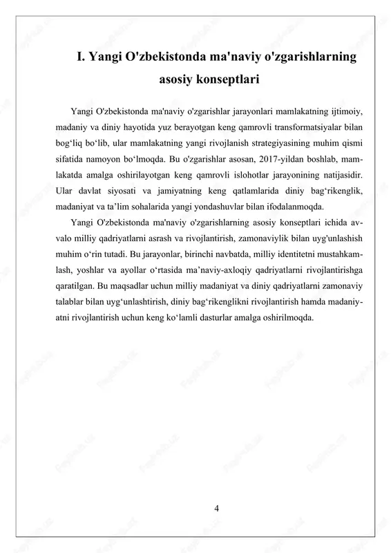 lash va zamonaviy dunyo bilan integratsiyalash uchun mustahkam poydevor yaratmoqda. ii. ma'naviy o'zgarishlarning amaliy tadbirlari va natijalari ma'naviy o'zgarishlarning amaliy tadbirlari va natijalari o'zbekistonning ijtimoiy, madaniy va diniy hayotida muhim o'zgarishlarni amalga oshirish bilan bog'liq. bu jarayonlar mamlakatda yuz berayotgan keng qamrovli islohotlar doirasida, milliy qadriyatlarni rivojlantirish, yoshlar va ayollar o'rtasida ma'naviy-axloqiy qadriyatlarni mustahkamlash, shuningdek, diniy bag'rikenglikni ta'minlashga qaratilgan. amaliy tadbirlar va ularning natijalari, shuningdek, mamlakatning ma'naviy hayotida yuz berayotgan o'zgarishlarning qanday ijobiy yoki salbiy natijalarga olib kelayotganini tahlil qilish muhim ahamiyatga ega. birinchidan, mamlakatda diniy va ma'naviy sohada o'tkazilayotgan keng ko'lamli dasturlar va tadbirlar, asosan, yoshlar va ayollarni ma'naviy tarbiyalashga qaratilgan. bu maqsadda, diniy ta'lim markazlari va madaniyat markazlari faoliyatini kengaytirish, yoshlar uchun ma'naviy-axloqiy darslar, seminarlar va forumlar tashkil etilmoqda. masalan, "yoshlar ma'naviyati" dasturlari va "milliy qadriyatlar va zamonaviylik" hamda "diniy bag'rikenglik va tolerantlik" kabi kampaniyalar orqali yoshlar o'z milliy va diniy qadriyatlarni anglashlari, ularni rivojlantirishga intilishlari kuchaymoqda. bu …