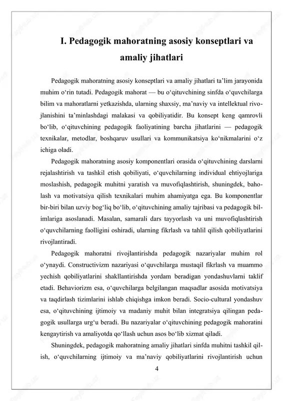 ta’minlash mumkin. bu esa, o‘z navbatida, milliy madaniyat va qadriyatlarni asrash, avlodlarni vatanga muhabbat bilan qarashga tarbiyalashga xizmat qiladi. shu sababli, pedagogik mahoratni shakllantirish va uni amaliyotda keng qo‘llash uchun doimiy ravishda yangi metod va texnologiyalarni ishlab chiqish, pedagoglarni malakali tayyorlash va ularning kasbiy rivojlanishini ta’minlash muhim ahamiyat kasb etadi. ii. madaniy dinyoqarashlarning pedagogik ta'siri va amaliy misollar madaniy dinyoqarashlarning pedagogik ta'siri keng qamrovli va murakkab jarayon bo‘lib, u ta'lim muhitida o‘qituvchilarning shaxsiy va professional xususiyatlaridan, ular egallagan diniy va madaniy qadriyatlaridan chuqur ta'sir ko‘rsatadi. bu ta'sir nafaqat o‘quvchilarga ma'naviy va axloqiy qadriyatlarni singdirishda, balki pedagogik jarayonning samaradorligini oshirishda ham muhim ahamiyatga ega. madaniy dinyoqarashlarning pedagogik ta'sirini tushunish uchun avvalo, ularning nima ekanligini va qanday shakllanishini aniqlash zarur. madaniy dinyoqarash — bu shaxsning dunyoqarashi, qadriyatlar tizimi, diniy e'tiqodlar va an'analar bilan bog‘liq bo‘lib, ularning ta'lim jarayoniga ta'sir qilishini anglatadi. o‘qituvchilarning diniy va madaniy qadriyatlari ularning pedagogik uslublari, muloqot usullari, baho …