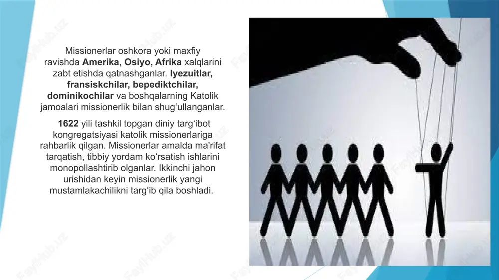 ramay, o`zlashtirayotganlar o`zlarini elita so`zi bilan atay boshlamoqda. elita bugungi kunda dengiz qaroqchilariga sadoqatliligi, ularning kemasiga o`tib olishga tayyorligi bilan xarakterlanmoqda”,– deya alohida e`tibor qaratib o`tgan edi. missionerlikda bu o`ziga xos “zabt etish” jarayonining eng ta`sirchan jihatlaridan biri sifatida manfaatlar qadriyatlar ko`rinishida namoyon etiladi. aynan, globallashuv shiddatining tobora avj olishi dunyo miqyosida geosiyosiy jarayonlarga bevosita ta`sir ko`rsatmoqda. natijada, mazkur holat dunyo qiyofasini tubdan o`zgartirish orqali muayyan mintaqa va hudud miqyosida geosiyosiy ta`sir doiralarini qayta taqsimlashga bo`lgan harakatlar misolida namoyon bo`lmoqda. xorijiy oavda missionerlik faoliyati o`rganilganda, “ayrim” siyosiy markazlar, maxsus xizmatlar manfaatlari uchun ishlayotganligi haqidagi ma`lumotlar paydo bo`lmoqda. jumladan, rossiyalik ekspertlar protestantlikka mansub mormonlar cherkovi aqsh maxsus xizmatlari uchun josuslik faoliyati bilan shug`ullanadi, deb hisoblaydilar. aynan, globallashuv sharoitida dunyodagi “ayrim” siyosiy kuchlarning ba`zi doiralar dindan xususan, missionerlikdan o`zlarining g`arazli maqsadlariga erishish vositasi sifatida mutaassiblik, fanatizm hattoki davlat to`ntarishlari kabi qabih yo`llaridan foydalanayotgani afsuski, hech kimga sir emas image1.jpeg image2.jpeg image3.png image4.jpeg …