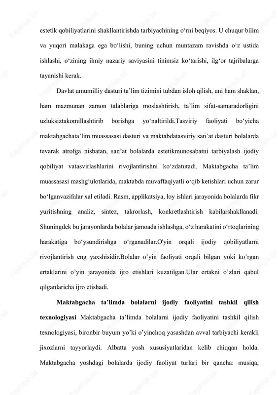 ga oq ramka qilish, rasmni kartonga yopishtirish kerak. dekoratsiyani yarim doira shaklida egish ham mumkin. soya teatrlarini sahnalashtirish - qo‘g‘irchoq sahnalashtirishning o‘ziga xos turlaridan hisoblanadi. unda qo‘g‘irchoqlar emas balki shakllardan iborat o‘yinchoqlar o‘ynaydi. tomosha qiluvchilar sahna ro‘parasida o‘tirib, ekranda yorug‘lik orqali harakatlanayotgan soyalar: odamlar, hayvonlar va qushlar soyasini ko‘rishi mumkin. soya teatrlarini sahnalashtirish uchun odam va hayvon soyalarini bolalarning o‘zlari chizib, qirqa oladilar. bolalarga shakllarni boshlari dumlarini qimirlatadigan qilishni o‘rgatish kerak, buning uchun detallarni simlar bilan biriktirib, spiral holatda aylantirib qo‘yiladi. yurtimizda kechayotgan ijtimoiy-ma’naviy islohotlar, fan-texnika va ishlab chiqarishning keskin rivojlanib borayotganligi – jamiyat talablariga javob bera oluvchi shaxsni tarbiyalash masalasi zamon talabi ekanligini ko`rsatmoqda. albatta, kelajakimiz poydevori bo’lgan, har jihatdan mas‟uliyatli, ma’naviy yetuk, axloqan pok, jamiyat taraqqiyoti uchun munosib hissa qo’sha oladigan yoshlarni tarbiyalash muhim ahamiyat kasb etmoqda. maktabgacha ta`lim tizimi uyg`un rivojlangan shaxsni shakllantirishda muhim ahamiyatga ega, chunki maktabgacha yoshdagi bolaga singdirilgan bilim va qadriyatlar uning kelgusidagi butun …