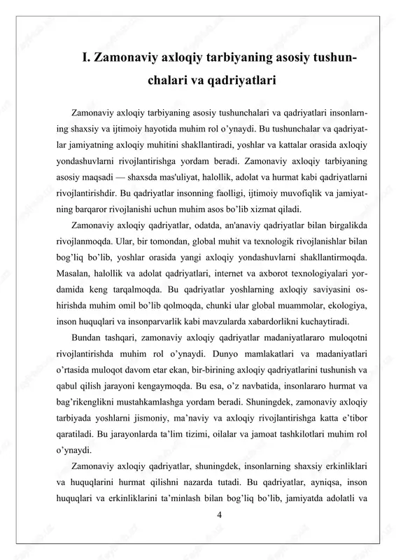 arbiyalash uchun muhim asosdir. zamonaviy axloqiy qadriyatlarni rivojlantirish, ularni amaliy hayotga tatbiq etish va keng jamoatchilik bilan hamkorlik qilish esa, kelajak avlodlarning muvozanatli va barkamol shaxslar sifatida shakllanishi uchun asos bo’ladi. ii. axloqiy tarbiyaning jamiyat va shaxs rivojiga ta'siri axloqiy tarbiyaning jamiyat va shaxs rivojiga ta’siri keng qamrovli va murakkab jarayon bo‘lib, uning ta’sirini anglash uchun avvalo axloqiy qadriyatlar va ularning shakllanishi jarayonini chuqur tushunish zarur. zamonaviy axloqiy tarbiya nafaqat shaxsning axloqiy xulq-atvorini shakllantirishga qaratilgan bo‘lib, balki jamiyatdagi umumiy madaniyat va qadriyatlar tizimiga ham katta ta’sir ko‘rsatadi. bu jarayon, avvalo, yoshlarning axloqiy qadriyatlarni qabul qilishiga va ularni amalda qo‘llashiga xizmat qiladi, shuningdek, shaxsning etika va ma’naviyatini rivojlantirishda muhim rol o‘ynaydi. axloqiy tarbiyaning jamiyat va shaxs rivojiga bo‘lgan ta’siri ikki asosiy yo‘nalishda ko‘rib chiqilishi mumkin. birinchi yo‘nalishda, shaxslarning axloqiy qadriyatlarni qabul qilishi va ularni kundalik hayotda amalda qo‘llashi jamiyatda muvozanatli va mas’uliyatli insonlarning ko‘payishiga olib keladi. bu, o‘z navbatida, jamiyatdagi ijtimoiy …