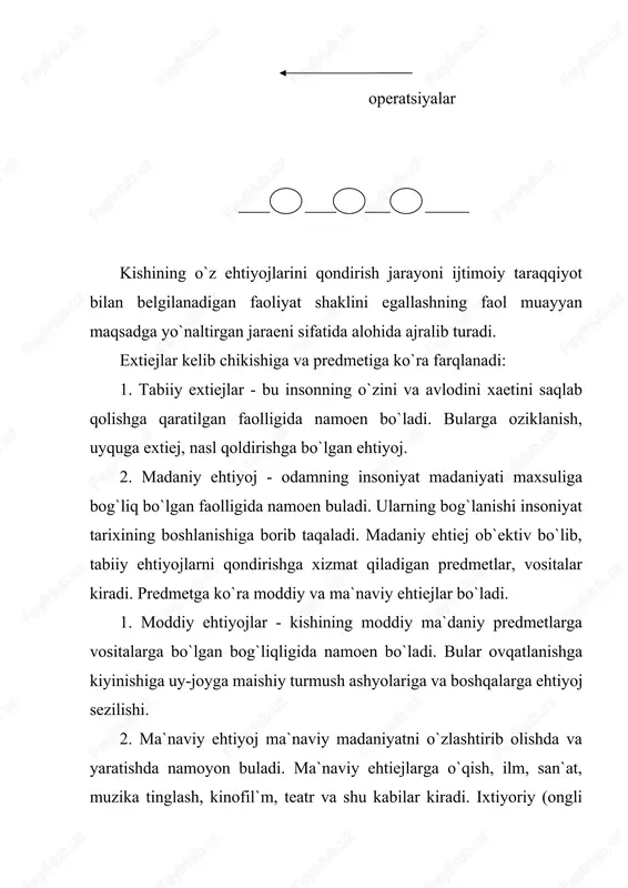 i-harakatlarni amalga oshirish bilangina cheklanmaydi. muqarrar ravishda sa`yi-harakatlarning joriy natijalari harakatlar ob`ektining xususiyatlariga muvofiq tarzda sa`yi-harakatlarni sensor (hissiy) nazorat qilishni o`z ichiga oladi. miyaga tashqi muhitning holati, unda sa`yi - harakatlar qanday ro`y berayotganligi va uning natijalari haqida axborotni etkazib turadigan hissiy arientirlarning o`zlashtirishi ana shu jarayonning negizi hisoblanadi. bo`lg`usi harakat modellari (sa`yi-harakat programmasi) va uning natijasi maqsadining programmasini miyada ushbu harakatning o`zini oldindan hosil qiladigan andozalarini fizologlar “harakat aktseptori” va oldindan aks ettirishi (p.k.anoxin) harakatlantiruvchi vazifa va bo`lg`usi ehtiyoj andozasi (n.a.bernshteyn) zaruriy mohiyatning va “kelajak andozasi” deb atadilar. rejalashtirish xatti- harakatlari nazorati va boshqaruvchi qator fiziolog, psixologlar tomonidan – p.k.anoxin, n.a.bernshteyn, e.astrotyan va boshqalar tomonidan aniqlangan xatti- harakat qismlari va ularning vazifalarini quyidagi sxemada ko`rish mumkin xatti- harakat 0ensor (sezish) markaziy (aqliy) motor (harakatlantiruvchi) bajarishni amalga oshirish regulyatsiya nazorat qismi 2- sxema. xatti - harakat qismlari va ularning asosiy vazifalari 3. faoliyatning interiorizatsiyasi va ekteriorizatsiyasi haqida tushuncha. inson faoliyati …