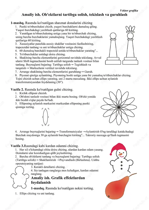 4. matn buyrug'ini bajaring matnni yo‘lga moslash matnni qatorga keltiring. 5. tanlash vositasini faollashtiring. matnni o'z ichiga olgan qatorni tanlang va rang tanlashda chiziqni olib tashlash uchun "to'ldirish yo'q" tugmasini o'ng tugmasini bosing. 6. badiiy media vositasi, sprayer rejimi yordamida sharlar tasvirini yarating. vazifa 2. rasmda ko'rsatilgan aks ettiruvchi matnni yarating. 1. to'rtburchak yarating, uni gradient bilan to'ldiring. 2. matn vositasidan foydalanib, matnni yozing, uni jingalakga aylantiring (egri chiziqlarga aylantirish). 3. matnni gradient bilan to'ldiring, konturni qalin qilib qo'ying 0,2 mm va unga yorqin rang bering. 4. matnning nusxasini yarating va uni asosiy qismga aylantiring. 5. oyna nusxasiga interaktiv shaffoflik vositasini qo'llang. 6. asosiy matn uchun interaktiv drop shadow vositasi yordamida soya effektini yarating. vazifa 3. to'ldirish sifatida rasmni o'z ichiga olgan matn yarating. 1. matn vositasidan foydalanib, matnni yozing, uni jingalakga aylantiring (egri chiziqlarga aylantirish). 2. rasm faylini import qilish import. 3. rasmni tanlashni olib tashlamasdan, effektlar (effektlar) buyruqlarini …
