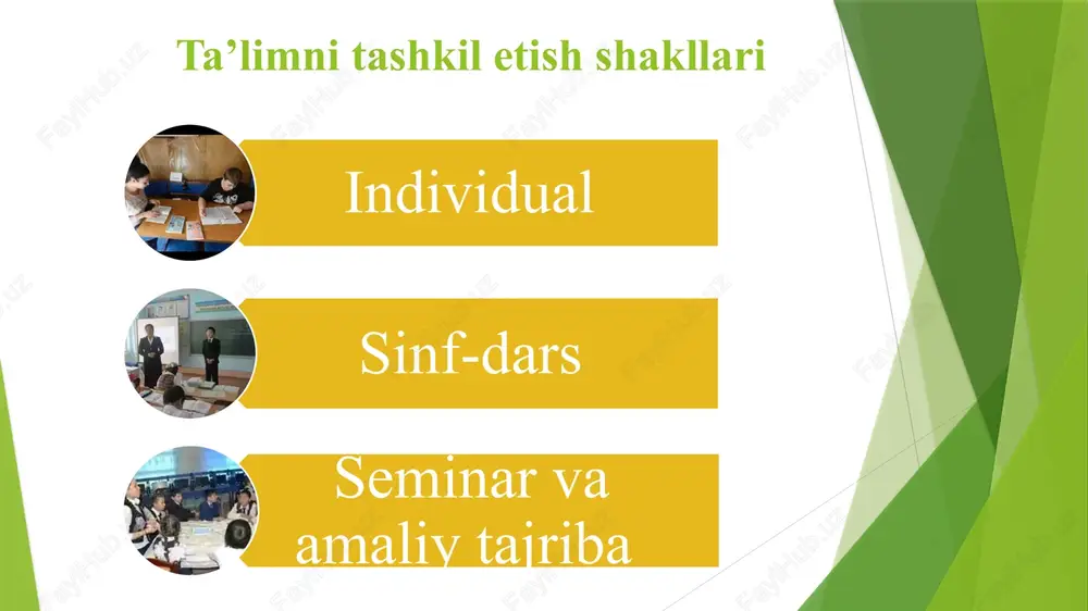 otlari yuzasidan tezislar tuzadilar. seminarlar o'qish vaqtida o'tkaziladi. bunday mashg'ulotlar miqdori mavzuning mazmuniga va uni o'rganish uchun ajratilgan vaqtga bog'liq. o'quvchilar mashg'ulotlarda axborot beradilar; ularga turli xil namoyish etiladigan narsalarni ilova qiladilar. masalani muhokama qilishda hamma o'quvchilar ishtirok etishadi. seminarga puxta tayyorlanish uchun o'qituvchi ayni bir vazifani hammaga yoki bir necha o'quvchiga berishi, ma'ruzachini esa mashg'ulot boshlanishida tayinlashi mumkin. ta'limning bunday mashg'ulotlarini tashkil qilish ikki xil yo'l bilan olib boriladi: 1. amaliy tajriba mashg'ulotlari. 2. ekskursiyalar. 1. amaliy tajriba mashg'ulotlari. v-ix sinflarda o'tiladigan amaliy tajriba mashg'ulotlari asosan maktab ustaxonasi va o'quv- tajriba er uchastkalarida olib boriladi. amaliy tajriba mashg'ulotlari ham o'z xarakteriga ko'ra ikki turga ega: 1. maktab ustaxonasida olib boriladigan mashg'ulotlar. 2. maktab tajriba er uchastkasida olib boriladigan taj­riba mashg'ulotlari. maktabgacha ta’lim 2 yoshdan 7 yoshgacha bo’lgan davrni qamrab oladi. umumiy o’rta talim boshlang’ich ta’lim (1-4 sinf) umumiy o’rta talim (1-9 sinf) o’rta maxus kasb hunar ta’lim kasb hunar …