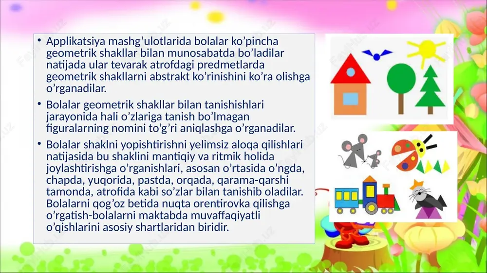 aratilgandir. bu guruhda asosiy vazifa-bolalarni yelimlash usullarini o’rgatish hisoblanadi. bu guruhda bolalarda dastlab bir; keyin 2-3 qismdan to’zilgan predmetlarni (qo’ziqorin, bayroqcha, qorbobo, uy) yopishtirishga o’rganadilar. shuningdek, yil oxiriga borib bolalar olti-etti xil rangni qizil, ko’k, sariq, yashil, jigarrangni to’g’ri aytib berishlari lozim. yaxshi uyushtirilgan appilikatsiya mashg’ulotlari, bolalarni boshqa mashg’ulotlarga, dekorativ, predmetli va syujetli mashg’ulotlariga ijobiy ta’sir etadi. kichik guruhlarda applikatsiya mashg’uloti bolalarda sensor madaniyat oshadi, qo’l bilan tahlil qobiliyati o’sadi va badiiy didlari shakllanadi. o’rta guruhda applikatsiya qilishga o’rgatish. bola hayotining 5-yiliga kelib ham psixologik, ham jismoniy tomondan o’sadi. bu esa bolaning applikatsiya bo’yicha bajaradigan ishning sifat jihatidan o’zgarishiga olib keladi. o’rta guruh bolalari 2-3 qismli emas, balki 4-5 qismdan iborat predmetlarni tuzishga o’rganadilar. dastlab, bu guruhga qaychi bilan ishlash kiritiladi. bolalar qaychini to’g’ri ushlashga, uni richagini yopishga va ochish to’g’ri qirqim olishga o’rganadilar. bola hayotining 5 yilida doira, kvadratdan tashqari uchburchak, oval, o’zun to’g’ri to’rtburchakni biladilar. trapetsiya shaklini esa …