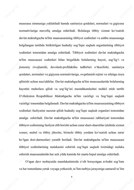 huningdek, o‘zbekiston respublikasi prezidentining 2018-yil 30-sentabrdagi “maktabgacha ta’lim tizimini boshqarishni takomillashtirish chora-tadbirlari to‘g‘risida”gi pq-3955-son qaroriga muvofiq: quyidagilar, o‘zbekiston respublikasi maktabgacha ta’lim tizimini 2030- yilgacha rivojlantirish konsepsiyasi quyidagilarni nazarda tutgan holda konsepsiyaning asosiy yo‘nalishlari hisoblanadi: maktabgacha ta’lim sohasidagi normativ-huquqiy bazani yanada takomillashtirish; maktabgacha yoshdagi bolalarning har tomonlama intellektual, axloqiy, estetik va jismoniy rivojlanishi uchun shart-sharoitlar yaratish; bolalarning sifatli maktabgacha ta’lim bilan qamrovini oshirish, undan teng foydalanish imkoniyatlarini ta’minlash, mazkur sohada davlat-xususiy sherikligini rivojlantirish; maktabgacha ta’lim tizimiga innovatsiyalarni, ilg‘or pedagogik va axborot-kommunikatsiya texnologiyalarini joriy etish; maktabgacha ta’limni boshqarish tizimini takomillashtirish, maktabgacha ta’lim muassasalari faoliyatini moliyalashtirish shaffofligi va samaradorligini ta’minlash; maktabgacha ta’lim tizimiga maktabgacha ta’lim tizimi xodimlarini tayyorlash, qayta tayyorlash, malakasini oshirish, tanlab olish va rivojlantirishga mutlaqo yangi yondashuvlarni joriy etish; maktabgacha ta’lim muassasalarida bolalarning sog‘lom va balanslashtirilgan ovqatlanishini, sifatli tibbiy parvarishini ta’minlash. hujjat erishilgan natijalar, maqsadli ko‘rsatkichlar va tegishli davrga (2019–2024-yil. va 2025–2030-yil.) mo‘ljallangan asosiy yo‘nalishlardan kelib chiqqan holda har yili tasdiqlanadigan …
