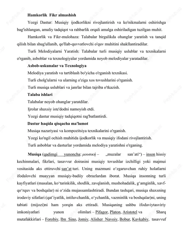 motlarni sadolar vositasida ifodalash imkoni-yatiga ega. jumladan, tovushlarning baland-pastligi, ingichka-yoʻgʻonligi, uzunqisqaligi, kuchliligi va boshqa vositalar yordamida odamning ichki holatini ifodalash imkoniyati jihatidan musiqa nutqqa (nutq intonatsiyalariga) oʻxshaydi. ammo, sanʼat turi sifatida musiqa fakat ungagina xos boʻlgan xususiyatlar (mas, badiiy-estetik maqsadlarni koʻzlashi, mazmun va shakl badiiy qiymat sifatida kasb etilishi, ayniqsa, musiqa tovushlarining muayyan musika tizimlarida tashkil etilishi) bilan nutkdan farq qiladi. har bir alohida olingan musiqa tovushi birlamchi ifodaviy imkoniyatga ega boʻlsada musiqa tovushlarining baland-pastlik munosabatlari lad tuzilmalarida, muvaqqat nisbatlari esa – musiqiy ritm va metrda oʻz aksini topadi. dunyoning aksariyat xalqlari musiqa madaniyati, jumladan, oʻzbek musiqa folklori, anʼanaviy musiqa va bastakorlik ijodiyotida lad asosini turli koʻrinishdagi diatonika tashkil etadi. kompozitorlik musiqada (ayniqsa, xx asrda rivoj toptan yoʻnalishlarda) diatonika bilan birga xromatika ham keng oʻrin olgan. nota yozuvi c d e f g a h (b) do re mi fa sol lya si musiqada asosiy badiiy vosita – kuy (melodiya)dir. …