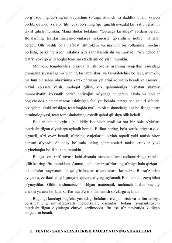 igidanoq emotsional ifoda vositalarini egallashi uchun syujet qahramoni his- tuyg`ularini, mimika, imo-ishora, emotsiyalarini namoyish eta olishiga o‘rganadilar. personaj rolini o‘rgatish jarayonida mashq qilish yahshi natija beradi. masalan:chipor tovuq oltin tuxum qo`yganida chol va kampirning quvonganini, sinib qolganida ularning xafa bo`lganini ko`rsatib berishni taklif qilish mumkin, bo`g`irsoqning qo`shig`ini kuylashini (o`ziga ishonch va dadillik bilan, xayron bo`lib, quvnoq, xafa bo`lib), yoki bo`rining (qo`rqinchli ovozda) ko`rsatib berishini taklif qilish mumkin. mana shular bolalarni "obrazga kirishiga" yordam beradi. bolalarning teatrlashtirilgan-o`yinlarga sekin-asta qo`shilishi ijobiy natijalar beradi. olti yoshli bola nafaqat ishtirokchi va ma`lum bir rollarning ijrochisi bo`lishi, balki "rejisyor" sifatida o`zi sahnalashtirishi va mustaqil "o`yinchoqlar teatri" yoki qo`g`irchoqlar teari spektakllarini qo`yishi mumkin. mumkin, tengdoshlari orasida tanish badiiy asarning syujetlari asosidagi dramatizatsiyalashgan-o`yinning tashabbuskori va tashkilotchisi bo`ladi, mumkin, ma`lum bir sahna obrazining xarakter xususiyatlarini ko`rsatib beradi va asosiysi, o`zini ko`rsata olish, muloqot qilish, o`z qahramoniga nisbatan shaxsiy munosabatini ko`rsatib berish ehtiyojini ro`yobga chiqaradi. uyda va bolalar bog`chasida …
