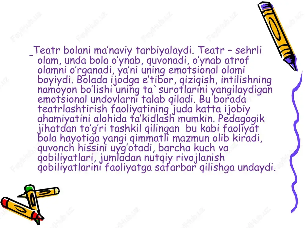 muni qiziqarli va emotsional bo‘lishi zarur; 5) asar bolalarning yoshiga mos kelishi lozim. ii bosqich. sahnalashtirish uchun tanlangan ertak yoki hikoyaning mazmunini o‘qib berish. iii bosqich. asarni bolalar tomonidan eslab qolinishiga erishish: qayta o‘qib berish, har bir bolaning aytadigan gaplari ustida individual ish olib borish, rasmlar namoyish etish. iv bosqich. o‘yin qiziqarli o‘tishi va uzoq davom etishi uchun o‘yinga kerakli materiallar, kiyimlar tayyorlash hamda rahbarlikni to‘g’ri amalga oshirish. adabiy asarlarni tanlashda quyidagi talablar qo‘yiladi: 1, mazmunining g’oyaviy-ma’naviy barkamolligi. 2, badiiy jihatdan mazmundorligi. 3, asardagi qatnashchi va rollarning soni (qancha ko‘p bo‘lsa, asar shuncha ahamiyatlidir). 4, mazmuni yaxshi bo‘lishi bilan birga, unda harakat turlarining ham ko‘p bo‘lishi. 5, ifodali o‘qishga mos bo‘lishi. 6, mazmuni qiziqarli, hayot bilan bog’langan bo‘lmog’i zarur. bolalar bilan spektaklda ishlashning asosiy qoidalari. sahna asarini tanlash va uni bolalar bilan muhokama qilish. pyesani epizodlarga bo’lish ularni bolalar tomonidan so’zlab berilishi. etyud ko’rinishidagi alohida epizodlar bilan ishlash. savollar; 1.teatr …