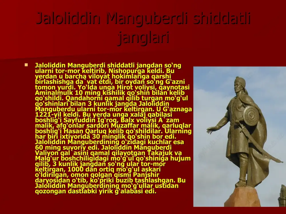 qo‘shin bilan yo‘lga chiqadi. biroq jaloliddin manguberdi unga sovg‘a-salomlar bilan miroxur odekni elchi sifatida jo‘natgan va o‘zaro nizoni tinchlik bilan hal etgan. 1225-yil jaloliddin manguberdi ozarbayjonga yurish qiladi. so‘ng bag‘dodga qarshi yurishga hozirlik ko‘radi. xalifa nosirgacha elchi jo‘natib, mo‘g‘ullarga qarshi birlashishga chaqiradi. bunga javoban xalifa jaloliddin manguberdiga qarshi o‘zining mamluki amir jamoliddin qushtemir boshliq 20 minglik qo‘shin jo‘natdi. basra yaqinidagi jangda xalifa qo‘shinlari tor-mor keltirildi. xalifa bag‘dod mudofaasi bilan mashg‘ul bo‘ladi. jaloliddin manguberdi bag‘dod atrofida 12 kun turgach, ozarbayjon tomon ketadi. ozarbayjon va arron otabegi o‘zbek ichkilik, maishatga berilib davlat ishlarini o‘z holiga tashlab qo‘ygan edi, davlatni amalda uning xotini malika xotun boshqarardi. 1225-yil mayda jaloliddin manguberdi marog‘a shahrini jangsiz qo‘lga kiritadi. jaloliddin manguberdi haqida uning shaxsiy kotibi, tarixchi nasaviy shunday yozadi: “jaloliddin qorachadan kelgan, o‘rta bo‘yli, turk lafzli odam edi. fors tilini ham yaxshi bilardi. uning botirligiga kelganda shuni aytish kerakki, sulton arslonlar orasidagi eng kuchli sher edi. bir …