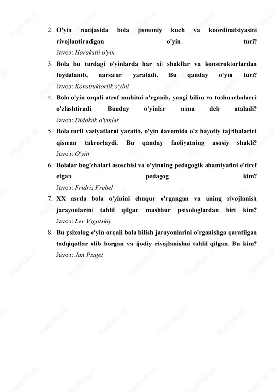 arning texnologiya yordamida shug‘ullanadigan zamonaviy o‘yini video 7 bolaning fikrlash qobiliyatini rivojlantiruvchi faoliyat turi tafakkur xulosa o‘yin bolalar hayotidagi eng tabiiy va samarali faoliyatlardan biri hisoblanadi. o‘yin orqali bolalar atrof-muhitni o‘rganadilar, ijtimoiy ko‘nikmalarni shakllantiradilar va jismoniy rivojlanadilar. o‘yinlar bolaning har tomonlama rivojlanishi uchun muhim vosita bo‘lib, bu jarayonning ilmiy asosda o‘rganilishi pedagogika va psixologiya sohasidagi ko‘plab tadqiqotlar uchun asos bo‘lib xizmat qilgan. o‘yin bola uchun nafaqat dam olish yoki o‘yin-kulgi, balki bilim olish va hayotiy tajriba orttirish jarayonidir.