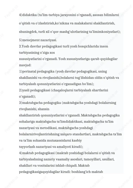 rivojlantirish, ularning to'liq yoki qisman ko'rish qobiliyatini yo'qotishlarini bartaraf etish, ulami umumiy bilim, ko'nikma va malakalar bilan qurollantirish, jamoat hayotida va amaliy ishlarda ishtirok yeetishga tayyorgarlik ko'rish); 3)oligofrenopedagogika (aqli zaif bolalami tarbiyalash va o'qitish qoidalarini rivojlantiradi. uning mazmuni: bolalarda aqliy zaiflikning mohiyati haqidagi ta’limot, g'ayritabiiy bolaning xususiyatlarini pedagogik va psixologik o'rganish usullari va vositalari; aqli zaif bolani o'qitish nazariyasi); 4)logopediya (nutqida nuqsoni bo'lgan bolalami tarbiyalash va o'qitish masalalarini o'rganadi, nutq kamchiliklarining namoyon bo'lishi va tabiatini, nutqni rivojlantirishdagi og'ishlaming sabablari va mexanizmlarini o'rganadi, ularni bartaraf etish tamoyillari va usullarini ishlab chiqadi) [2]. kasbiy pedagogika - muayyan kasbiy faoliyat sohasiga yo'naltirilgan shaxsni tarbiyalash va o'qitish tamoyillari, texnologiyalari, qoidalarni ishlab chiqadi, nazariy asoslashni amalga oshiradi kasbiy sohaga qarab quyidagi bo'limlar ajratiladi: 1)sanoat pedagogikasi (ishchilami tayyorlash, ularni yangi ishlab chiqarish vositalariga yo'naltirish, ularning malakasini oshirish, yangi kasblarga qayta tayyorlash qonuniyatlarini o'rganadi. pedagogik bilimlarning ushbu sohasidagi rivojlanish zarurati ham moddiy, ham ma'naviy ishlab chiqarishni rivojlantirishning …