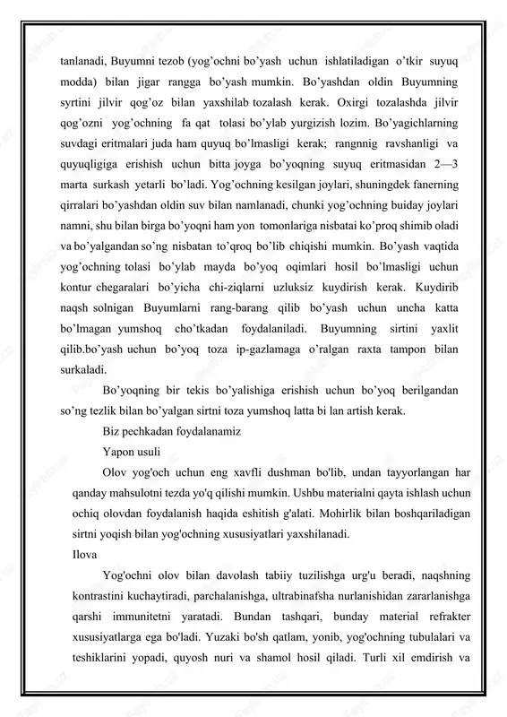 tampon bilan surkaladi. bo’yoqning bir tekis bo’yalishiga erishish uchun bo’yoq berilgandan so’ng tezlik bilan bo’yalgan sirtni toza yumshoq latta bi lan artish kerak. biz pechkadan foydalanamiz yapon usuli olov yog'och uchun eng xavfli dushman bo'lib, undan tayyorlangan har qanday mahsulotni tezda yo'q qilishi mumkin. ushbu materialni qayta ishlash uchun ochiq olovdan foydalanish haqida eshitish g'alati. mohirlik bilan boshqariladigan sirtni yoqish bilan yog'ochning xususiyatlari yaxshilanadi. ilova yog'ochni olov bilan davolash tabiiy tuzilishga urg'u beradi, naqshning kontrastini kuchaytiradi, parchalanishga, ultrabinafsha nurlanishidan zararlanishga qarshi immunitetni yaratadi. bundan tashqari, bunday material refrakter xususiyatlarga ega bo'ladi. yuzaki bo'sh qatlam, yonib, yog'ochning tubulalari va teshiklarini yopadi, quyosh nuri va shamol hosil qiladi. turli xil emdirish va antiseptiklar vayronagarchilikdan himoya qiladi. biroq, bu mahsulotlar qimmat, kimyoviy qo'shimchalarni o'z ichiga oladi va zaharli bo'lishi mumkin. olovli ishlov berish ekologik jihatdan qulay, tejamkor, yuqori professional ko'nikmalarni talab qilmaydi. ichki makonda kuygan yog'och estetik jihatdan yoqimli ko'rinadi. shunday qilib uy …
