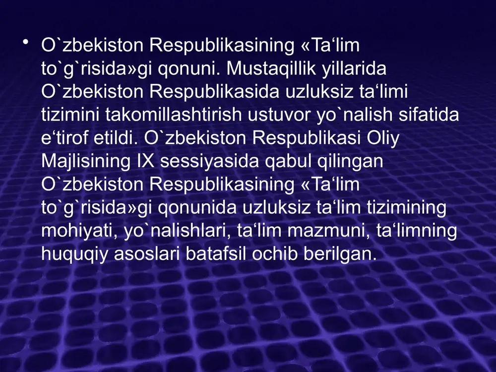 b-hunar ta‘limining ixtiyoriyligi tamoyilining asosiy mohiyati o`quvchilarning yangi turdagi o`quv muassasalarida ta‘lim olish yo`nalishini ixtiyoriy ravishda tanlash huquqiga ega ekanliklarini anglatadi. bu iki turdagi uch yillik maxsus ta‘lim yo`nalishlarini o`quvchilar o`z iqtidorlari va xohish-istaklariga tayangan holda tanlaydilar. ana shu tarzda o`quvchilarning biron bir shaklda bilimlarini takomillashtirish, muayyan kasb-hunar egasi bo`lib yetishishlari uchun sharoit yaratiladi. ta‘lim tizimining dunyoviy xarakterda ekanligi mamlakatda ta‘lim taraqqiyotining rivoji ilmiy asoslarga ega bo`lib, u fan-texnika, madaniyatning yuksala borishi bilan chambarchas holda rivojlanib borishini nazarda tutadi. o`zbekiston respublikasining «ta‘lim to`g`risida»ni qonunining 4-moddasida belgilab qo`yilganidek, fuqarolar millati, tili, jinsi, yoshi, diniy e‘tiqodi, ijtimoiy kelib chiqishi, mavqei, xizmat turi, turar joyi, o`zbekiston respublikasida hududida qancha vaqt yashayotganligidan qat‘iy nazar bilim olish huquqiga egalar. davlat ta‘lim standartlari doirasida ta‘lim olishning hamma uchun ochiqligi tamoyili aynan mana shu holatni yoritishga xizmat qiladi. ta‘lim dasturlarini tanlashga yagona va tabaqalashtirilgan yondashuv o`zbekiston respublikasining «ta‘lim to`g`risida»gi qonunining 7-moddasida o`z ifodasini topgan. davlat ta‘lim standartlari …