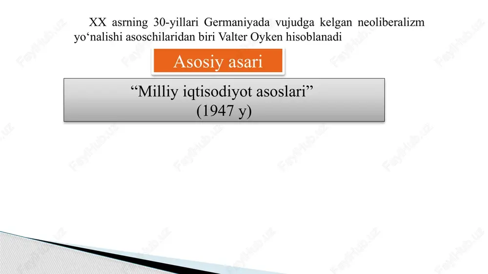 hotlarning muvaffaqiyatli chiqishiga “marshall plani” bo‘yicha berilgan yordam ham katta ta’sir ko‘rsatdi. l.erxard va uning safdoshlari tomonidan olib borilgan islohotlar germaniya iqtisodiy taraqqiyoti uchun zamin yaratib berdi hamda u iqti-sodiy qo‘llanmalarga kiritildi va unga qarorlarni realizatsiya qilish, qayta tashkil etish vositalaridan, metodlaridan samarali foydalanish uchun qulay mexanizmlarni ishlab chiqish namunasi sifatida qaraldi. ijtimoiy bozor xo‘jaligiga xos bo‘lgan asosiy tomonlardan, germaniya tajribasidan kelib chiqqan holda, quyidagilarni ta’kidlash zarur: xo‘jalik tizimi asosida erkin bozor iqtisodiyoti va raqobatli bozor yotadi, lekin ular avtomatik tarzda amal qilmaydi: unga jamiyatning iqtisodiy jarayonini bevosita tartiblashni istisno etuvchi, iqtisodiyotning samarali amal qilishi uchun shart–sharoitlarni yaratib berishga qaratilgan davlat faoliyati ta’sir ko‘rsatishi kerak. ijtimoiy yo‘naltirilgan bozor xo‘jaligining eng asosiy vazifalaridan quyidagilarni ajratib ko‘rsatish mumkin: iqtisodiyotni monopollashtirishga moyillikka qarshi kurashish; kichik va o‘rta biznesga yordam berish; kam ta’minlangan oilalar foydasiga daromadlarni qisman qayta taqsimlash va bir qator ijtimoiy dasturlarni moliyalashtirish yo‘li bilan daromadlar o‘rtasidagi katta farqni tugatish; har bir …