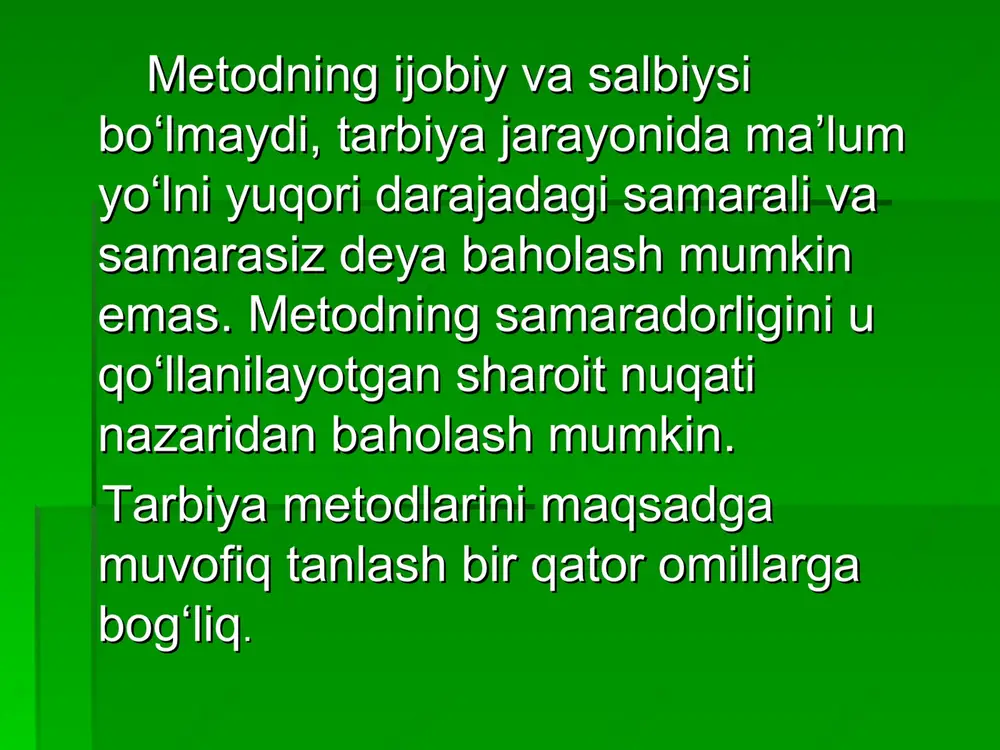 blanadi. suhbat uchun mavzu tanlashda uning mazkur sinf o‘quvchilari uchun dolzarbligi, o‘quvchilarda ma’naviy-axloqiy ishonch uyg‘otishning suhbat mazmuniga bo‘lgan munosabatlari va suhbatdan kutilayotgan natijani hisobga olish zarur. suhbat quyidagi mavzularda uyushtirilishi mumkin: a) etik mavzular (ijtimoiy ma’naviy-axloqiy me’yorlar, jamiyatda ustuvor o‘rin tutuvchi ijtimoiy munosabatlar, jamoa orasida o‘zini tutish qoidalari va boshqalar); b) estetik mavzular (tabiat go‘zalligi, shaxslararo munosabatlar, inson go‘zalligi); v) siyosiy mavzular (davlatning ichki va tashqi siyosati, dunyo voqealari, halqaro munosabatlar va boshqalar); g) ta’lim va bilishga oid mavzular (koinot, hayvonot va o‘simliklar dunyosi, elektronika va boshqalar). suhbat suhbatlarning, shuningdek, ijtimoiy-foydali mehnatni tashkil etish, huquqiy, ekologik, iqtisodiy va gigienik mavzularda ham tashkil etilishi o‘zining ijobiy natijalarini beradi. suhbat davomida o‘quvchilarga ularning o‘z fikrlarini erkin ifoda etishlari hamda mustaqil fikrlashlariga imkon beruvchi savollar bilan murojaat qilish juda muhimdir. bu borada bahs-munoazaralarning ahamiyati katta. hikoya. o‘quvchilar odatda hayot va turli adabiyotlardan olingan aniq misollar bilan boyitilgan hikoyalarni katta qiziqish bilan tinglaydilar. ularga …