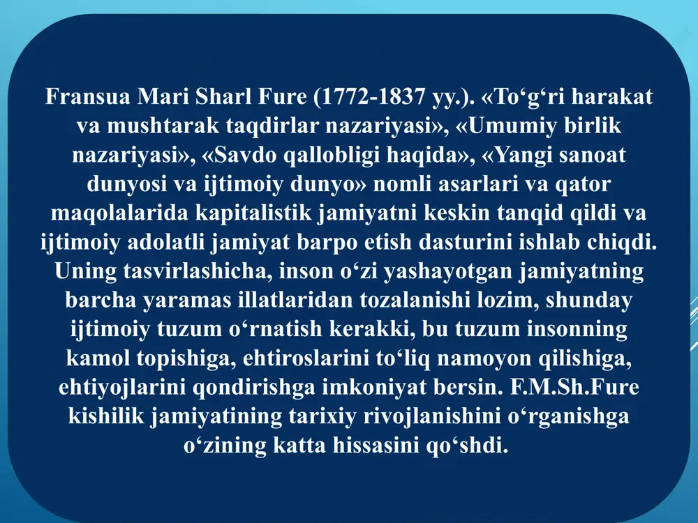 ni mujassamlashtirganligi sababli uning miqdori individual mehnat sarflari bilan emas, balki ijtimoiy zarur mehnat bilan o‘lchanadi, ijtimoiy zarur ish vaqti bilan belgilanadi. «iste’mol qiymatiga ega bo‘lgan qiymat miqdori, deb yozadi k.marks, - uni ishlab chiqarish uchun kerak bo‘lgan ijtimoiy zarur mehnat miqdori bilangina, ya’ni ijtimoiy zarur ish vaqti bilangina belgilanadi. har bir ayrim tovar o‘z jinsidan bo‘lgan tovarlaming faqat o‘rtacha nusxasi sifatida ahamiyatga ega». ijtimoiy zarur ish vaqti me’yoriy ishlab chiqarish sharoitida va muayyan jamiyatdagi mehnat malakasi va intensivligining darajasi o‘rtacha bo‘igan sharoitda biron-bir tovar tayyorlash uchun sarflanadigan vaqtdir. marksning qiymat nazariyasi qiymatni aniqlab va qiymat qonunini ta’riflab bergach k.marks qo‘shimcha qiymatni tahlil qilishga o‘tdi. bu uning nazariyasida markaziy tushuncha hisoblanadi. bu yerda asosiy savol tug‘iladi: agar «ekvivalentli ayirboshlash» tamoyili bo‘yicha barcha mahsulotlar o‘z qiymatiga olinsa va sotilsa, unda qo‘shimcha qiymat qanday hosil boiadi? marks ta’limoti bo‘yicha u quyidagicha ishlab chiqariladi. tovar ishlab chiqarish taraqqiyotining ma’lum bosqichida pul kapitalga aylanadi. …