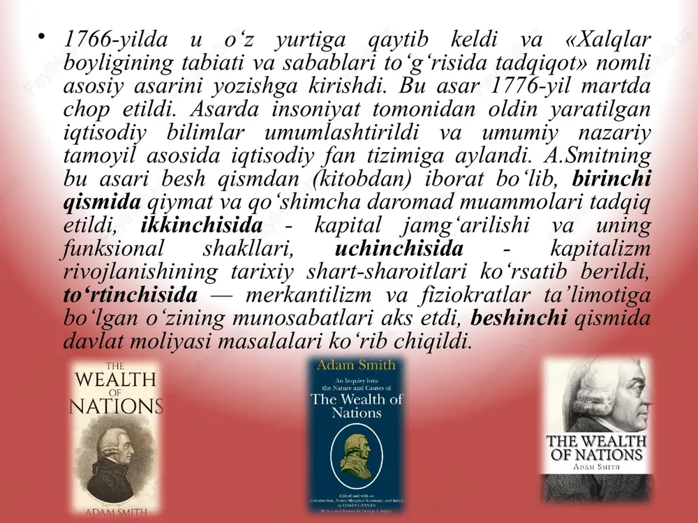 ma kerak bo‘lsa, shuni menga ber va sen o‘zingga nima kerak bo‘lsa o‘shani olasan”. aynan shunday ko‘rinishda odamlar o‘zlari ehtiyoj sezgan narsalarni bir-birlaridan ko'proq olishga erishadilar. a.smit kitobining asosiy mohiyati hukumatning va boshqalarning erkin raqobatga aralashuvini tanqid qilishdan iborat. a.smitning fikricha, iqtisodiy hayotda garmonik tartib hukmronlik qiladi: agar erkin raqobat cheklanmasa, unda u dunyoni takomillashuvga olib kelgan bo‘lar edi. a.smit iqtisodiyotning davlat sektori samarasizligini ko‘rsatib o‘tadi. «har xil sabablarga ko‘ra - deb yozadi u, - hukumat doimo va beistisno tarzda isrofgar. eng avvalo, u birovlar ishlab topgan pulni sarflaydi, o‘zgalar pulini esa hamisha o‘zingnikidan ko‘ra behuda sarflaysan. bundan tashqari hukumat xususiy korxonalardan juda uzoq turadi va ularning muvaffaqiyatli rivojlanishi uchun zarur bo‘lgan e’tiborni ularga qarata olmaydi». a.smit davlatning faqat uch funksiyasini tan oladi: adolatli sud qilish, mamlakat xavfsizligini ta’minlash, jamiyat uchun zarur bo‘lgan ijtimoiy korxona va muassasalarni ta’minlash. erkin raqobat sharoitida bozor mexanizmi, eng avvalo, “baho” orqali iqtisodiyotda tartib o‘rnatadi. …
