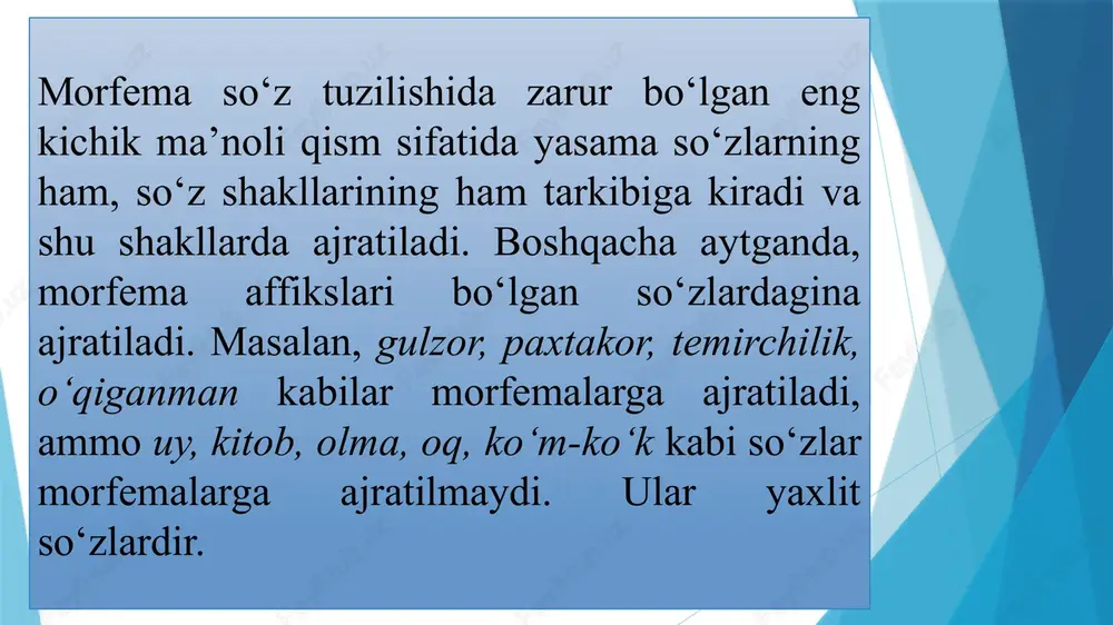 , bu so‘zlar qo‘shib yoziladi: qayoqqa, qayerda kabi. sifat oldidan kelib, belgining ortiq yoki kamligini bildiradigan to‘q, jiqqa, tim, liq, lang, och kabi so‘zlar ajratib yoziladi: to‘q qizil, jiqqa ho‘l, tim qora, liq to‘la, lang ochiq, och sariq kabi. murakkab son qismlari ajratib yoziladi. o‘n bir, besh yuz, qirq ming olti yuz bir, bir ming yetti yuz sakson beshinchi kabi. yildan yilga, tomdan tomga kabi birinchi qismi chiqish kelishigida, ikkinchi qismi jo‘nalish kelishigida bo‘lgan birikmalar ajratib yoziladi. belgining ortiq darajasini bildiruvchi ko‘pdan ko‘p, tekindan tekin, yangidan yangi, ochiqdan ochiq, qizigandan qizidi kabilar ajratib yoziladi. izofali birikmalar ajratib yoziladi. bunda izofa undosh bilan tugagan so‘zlarga i shaklida, unli bilan tugagan so‘zlarga yi shaklida qo‘shiladi: dardi bedavo, nuqtayi nazar, tarjimayi hol kabi. lekin izofa yozilmaydigan so‘zlar, shuningdek, qismlaridan biri yoki har ikkisi o‘zbek tilida mustaqil ishlatilmaydigan so‘zlar qo‘shib yoziladi: gulbeor (guli beor), dardisar kabi. /docprops/thumbnail.jpeg