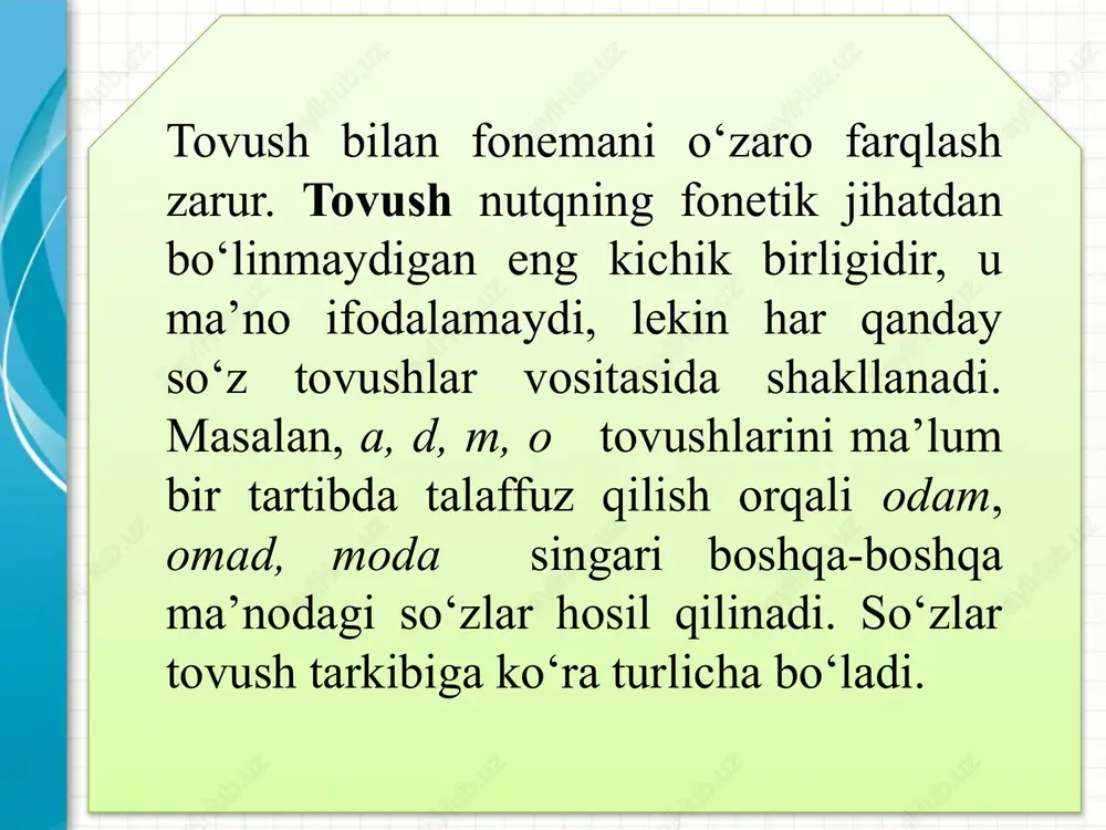 ). bu nutqiy parchada uchta fraza bor. frazalar hajm jihatidan har xil bo‘lib, ular bir, ikki, uch va undan ortiq so‘zdan tashkil topishi mumkin. masalan, yuqorida keltirilgan misoldagi birinchi fraza beshta, ikkinchisi bitta, uchinchisi ikkita so‘zdan tashkil topgan. yana qiyoslang: ularning uyi qishloqning eng chekkasida, hovlilari baland tog‘ning shundoqqina etagida. // bahavo. // bog‘larining ortidan shovullab soy o‘tadi. (to‘lqin). 2. takt frazaning bir qismi bo‘lib, qisqa pauza bilan ajratib aytiladi. buning tarkibidagi so‘z yoki so‘zlar bir bosh urg‘u (bir havo oqimi) bilan talaffuz qilinadi. masalan: dunyoda / xushfe’l, / olijanob, / hamisha ezgu niyat bilan ish qiladigan odamlar / juda ko‘p (o.husanov). bu fraza tarkibida 6 ta takt bo‘lib, birinchi, ikkinchi, uchinchi, beshinchi taktlar bir so‘zdan, to‘rtinchi takt olti, oltinchi takt esa ikki so‘zdan tashkil topgan. fraza ba’zan bir taktga teng bo‘ladi. masalan, kech kuz edi. // qo‘qqisdan qorasovuq boshlanib, / cho‘ponlarni tashvishga solib qo‘ydi (m.qoriyev). bunda birinchi fraza – …