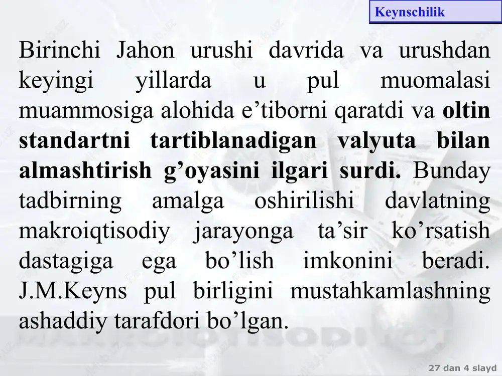 a qimmatli qog’ozlar kursi yuqori bo’ladi. foiz stavkasi ko’tarilishi bilan obligatsiyalar kursi pasaydi. demak, chayqovchilik funktsiyasi likvidligi foiz me’yoriga bog’liq. foiz me’yori qancha past bo’lsa, chayqovchilik motivi bo’yicha naqd mablag’larga talab shuncha yuqori bo’ladi. foiz me’yori qancha yuqori bo’lsa, naqd pulga talab shuncha past bo’ladi (yuqorida ko’rsatilgan sababga ko’ra). www.arxiv.uz keynschilik 27 dan ‹#› slayd 12 mavzu. iqtisodiy o’sish pulga bo’lgan yalpi talab ikki qismdan tashkil topadi: a) oldi-sotdi (sdelka) uchun talab (milliy daromad darajasidan kelib chiqadigan funktsiya), b) chayqovchilik uchun talab (foiz stavkasi funktsiyasi): dm = f (y,r) ehtiyotkorlik ham likvidlik ustunligini keltirib chiqaruvchi sabablardan biri hisoblanadi. qimmatli qog’ozlar – jamg’arma to’plashning xatarli shaklidir. shuning uchun odamlarga aktivlari bexatar hisoblangan naqd ko’rinishdagi o’ziga xos sug’urta fondi zarur. www.arxiv.uz keynschilik 27 dan ‹#› slayd 12 mavzu. iqtisodiy o’sish www.arxiv.uz foiz stavkasi ikkita sababga ko’ra o’zgarishi mumkin: yo o’z aktivlarining bir qismini pul shaklida ushlab turgan kishilarning psixologik kayfiyatidagi o’zgarishlar oqibatida …