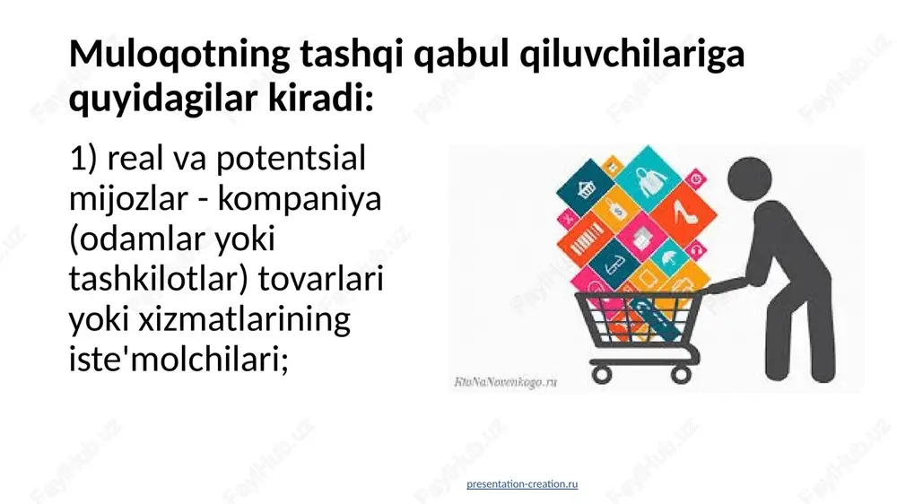 ismi sifatida ko'rish mumkin, davlat bilan o'zaro munosabatlar uchun javobgardir. gr-muloqotning predmeti: ─ kompaniya jamoatchilik guruhi sifatida hokimiyatga nisbatan an'anaviy pr faoliyati (kompaniya imidjini shakllantirish; kompaniya va hokimiyat o'rtasida o'zaro tushunish va yaxshi niyatga erishish); ─ jamiyat faoliyatida hokimiyatning manfaatlarini hisobga olish va kompaniya harakatlarining hokimiyat organlariga ta'sirini tahlil qilish; ─ lobbizm; ─ davlat-xususiy sheriklik; ─ korporativ ijtimoiy javobgarlik; ─ hokimiyat vakillari bilan rasmiy va norasmiy muloqotlar. gr-muloqotning predmeti: 1990-yillardan boshlab moliyaviy pr jadal rivojlanib bormoqda va kompaniyalar hayotida "investor munosabatlari" deb nomlangan muloqot turi tobora muhim rol o'ynamoqda. moliyaviy sektordagi pr faoliyati bir vaqtning o'zida moliya va kommunikatsiyalar bo'yicha bilimlarni talab qiladi. 21 ir- muloqot ir vazifalari : 1.aktsiyadorlar, moliyaviy tahlilchilar, qonunchilar, davlat tashkilotlari rahbarlari orasida kompaniya, xususiy korxona yoki umuman sanoat haqidagi fikrlarni baholash. 2.kompaniyaning maqsadlarini hisobga olgan holda mijozlar bilan o'zaro munosabatlar strategiyasini ishlab chiqishda rahbariyatga yordam berish. 1 moliyaviy adabiyotlarni tayyorlashda yordam berish: ─ yangi aktsiyadorlarga …