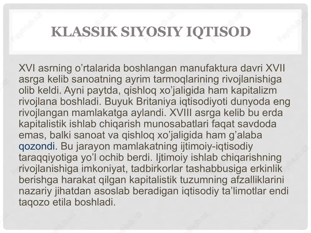 aktabining asoschisi hisoblanadi. ] f.kene har tomonlama bilimli olim bo’lib, versal yaqinida kambag’al dehqon oilasida dunyoga keldi. u yoshligidan tibbiyotga qiziqdi va bu sohada ta’lim oldi. keyinchalik tibbiyot amaliyoti unga shuhrat keltirdi. 1752 yilda qirol lyudovik xv saroyida tabiblik qildi. tibbiyot va biologiyaga oid ko’pgina asarlar yaratdi. f.kene iqtisodiyot muammolari bilan 60 yoshidan boshlab shug’ullana boshladi. f.kenening iqtisodiy g’oyalari qirol saroyida - versalda yuzaga keldi. u umrining oxirigacha o’sha yerda yashadi va ijod qildi. uning fiziokratik g’oyalarini keyinchalik a.tyurgo davom ettirdi. shunday qilib, haqiqiy fiziokratlar maktabi yoki o’sha davr tili bilan aytganda «iqtisodchilar maktabi» tarkib topdi. uning eng rivojlangan davri xviii asrning 60-70-yillariga to’g’ri keladi. asarlari «soliqlar» «iqtisodiy jadval» (1758) «aholi» «don» «fermerlar» f.kenening tabiiy tartib to’g’risidagi iqtisodiy kontseptsiyaning huquqiy asosi - xususiy mulkni, shaxsiy manfaatlarni muhofaza qiluvchi va takror ishlab chiqarishni va moddiy boyliklarni to’g’ri taqsimlashni ta’minlovchi davlatning moddiy va ma’naviy qonunlari hisoblanadi. uning mohiyati shundaki, bir odamning shaxsiy …