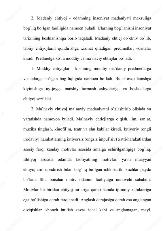 arakat programmasi) va uning natijasi maqsadining programmasini miyada ushbu harakatning o`zini oldindan hosil qiladigan andozalarini fizologlar “harakat aktseptori” va oldindan aks ettirishi (p.k.anoxin) harakatlantiruvchi vazifa va bo`lg`usi ehtiyoj andozasi (n.a.bernshteyn) zaruriy mohiyatning va “kelajak andozasi” deb atadilar. rejalashtirish xatti- harakatlari nazorati va boshqaruvchi qator fiziolog, psixologlar tomonidan – p.k.anoxin, n.a.bernshteyn, e.astrotyan va boshqalar tomonidan aniqlangan xatti- harakat qismlari va ularning vazifalarini quyidagi sxemada ko`rish mumkin 2- sxema. xatti - harakat qismlari va ularning asosiy vazifalari 3. faoliyatning interiorizatsiyasi va ekteriorizatsiyasi haqida tushuncha. inson faoliyati ayrim hollarda tashqi tomondan ifodalansa (harakatlarda, yurish-turish va hokazolarda) boshqa hollarda esa u ichki harakatlarga ega bo`ladi. ana shu nuqtai nazardan sa`yi - harakatlarini ikki turkumga ajratish mumkin: a) tashqi (real, predmetli, jismoniy amaliy, motor) harakatlarga; b) ichki; v) jismoniy, ruhiy, psixik, aqliy, intellektual sa`yi - harakatlar. tashqi, real (predmetli) sa`yi - harakatlardan ichki, timsoliy, sa`yi-harakatlarga ko`chirilishi o`tish jarayonini interizatsiya (ma`nosi, ichki tarzga aylanish) deb atashadi. …
