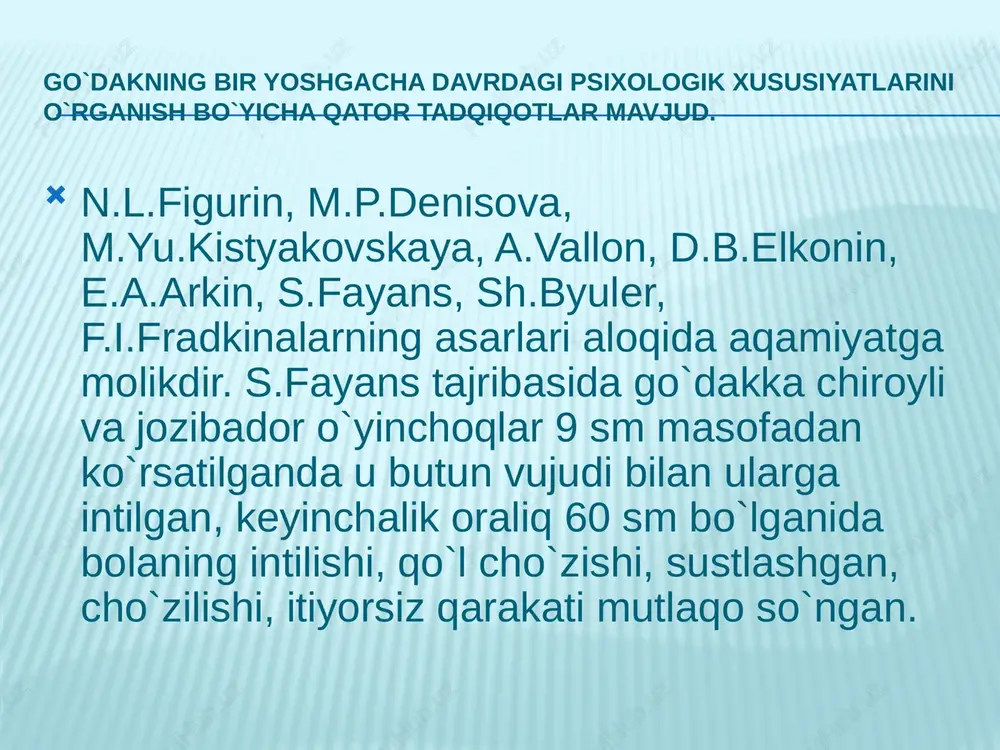 ichiga ola boshladi. skripkachining eng yuqori san'atiga ot ustidagi tayoq va hokazo. " (1887, 1-bet). e. a. pokrovskiy "o'yin" so'zi ishlatiladi: "o'yin" o'yin-kulgi ma'nosida ishlatiladi, majoziy ma'noda, masalan, "olov bilan o'ynash", "taxtlar o'yini" va g'ayrioddiy narsa ma'nosida - "tabiat o'yini" yoki tasodifiy - "taqdir o'yini"; o'yin-kulgi, musiqa asarini ijro etish va spektakldagi rol ma'nosida - "gitara chalish", "o'yin o'ynash"; da'voning majoziy ma'nosida - "komediya o'ynash" yoki zerikarli harakat - "asablaringizni o'ynash"; 5) lavozimni egallash - "rahbar rolini o'ynash"; 6) tavakkal qilish - "hayot bilan o'ynash"; 7) biror narsani beparvolik bilan tuting - "olov bilan o'ynash", "odamlar bilan o'ynash"; 8) o'ziga xos jonlilik, yorqinlikda namoyon bo'ladi - "quyosh suvda o'ynaydi", "to'lqin o'ynaydi"; 9) odamlarning jismoniy va psixologik ehtiyojlarini qondirishga qaratilgan harakatlari - "sport o'yini". bolalar o'yinlari - bolaning shartli (xayoliy, xayoliy) vaziyatdagi faoliyati. bunday faoliyatning motivi o'zida yotadi, ya'ni bola qandaydir tashqi natija yoki ta'sir uchun emas, balki o'ynashni xohlagani uchun …