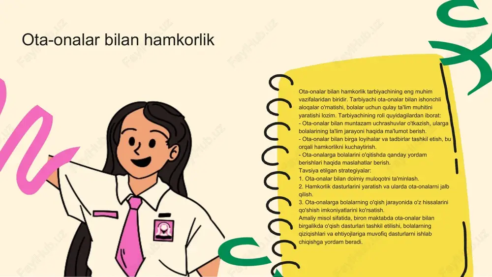 n orqali tarbiyachilar oilaning tarbiyaviy muhitini tahlil qilib, bolalar bilan ishlashda yanada samarali strategiyalarni ishlab chiqish imkoniyatiga ega bo'lishadi. muvaffaqiyat omillari sifatida ijtimoiy-iqtisodiy sharoitlarni hisobga olish va aloqalarni mustahkamlash zarur. ota-onalar bilan hamkorlik ota-onalar bilan hamkorlik tarbiyachining ish jarayonida muhim rol o'ynaydi. o'zaro hurmat va ishonchni mustahkamlash, tarbiyachilar va ota-onalar o'rtasidagi aloqalarni kuchaytiradi, bu esa bolalarning rivojlanishini yanada yaxshilaydi. tarbiyachining oilaga borishi tarbiyani yaxshilashga xizmat qiladi. photo by ying ge on unsplash photo by yunus tuğ on unsplash e'tiboringiz uchun rahmat! designed by slides carnival image1.png image2.png image3.png image4.png image5.png image6.png image7.png image8.png image9.png image19.jpg image20.jpg image10.png image11.png image21.jpg image22.jpg image23.jpg image18.png