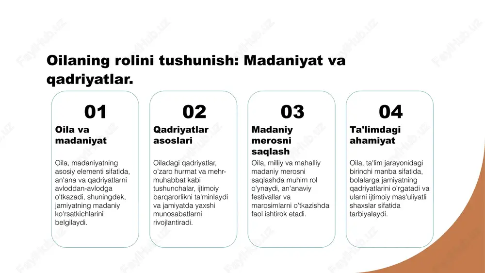 rlik va barqarorlikni ta'minlashda muhim rol o'ynaydi. xulosa 01 oilaning ahamiyati oila, ijtimoiy tuzilmaning asosiy elementidir. u insonlarning shaxsiyati va ijtimoiy hayotini shakllantiradi, jamiyatni barqaror qiladi. 02 madaniyat va qadriyatlar oila, madaniyat va qadriyatlarning saqlanishi va rivojlanishida muhim rol o'ynaydi. bu orqali avlodlar o'rtasida an'analar uzviy bog'lanadi. 03 ta'lim va hamkorlik oila va ta'lim tizimi o'rtasidagi hamkorlik, o'quvchilarning muvaffaqiyatiga ijobiy ta'sir ko'rsatadi. ota-onalar va o'qituvchilar birgalikda ishlashlari muhimdir. e'tiboringiz uchun rahmat! /docprops/thumbnail.jpeg