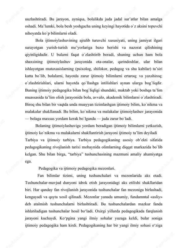 mani o‘zlashtirganini, kaysi mezonlar asil o‘ziniki ekanligini ko‘rib chiqamiz. sung u boshqa fanlardan nimani o‘zlashtirganini va k.aysi tushunchalar o‘ziniqiligini bilish uchun pedagogika mezonlarini ijtimoiy pedagogikaga loyhalashtiramiz. ma’lumki, pedagogika boshqa fanlar tushunchalarini o‘zlashtiradi va ulardan keng foydalaniladi, masalan «shaxs», «rivojlanish», «faoliyat», «sotsializatsiya» (ijtimoiylashuv), «jamiyat». uning asil mezonlari «ta’lim», «tarbiya» va «o‘qitish» hisoblanadi. hozirgi kunda shuningdek umum qabul qilingan «pedagogik faoliyat» mezoni ham kiradi. ijtimoiy pedagogika asl mezonlariga «ijtimoiy pedagogik faoliyat», «ijtimoiy ta’lim» va «ijtimoiy tarbiya» kiradi. ijtimoiy pedagogika prinsiplari. «prinsip» so‘zi lotincha so‘zidan xosil bo‘lgan «asos», «boshlanish»ni bildirali. har qanday fan uchun ishlatilgan muayyan koidalardan kelib chiqadigan o‘z prinsiplari mavjud. fanlar prinsip va koidalar bizga bog‘liq bo‘lmagan xolda mavjud. ulardan chetga chiqish mumkin emas, aks xolda pedagogik faoliyat befoyda, balki zararli ham bo‘ladi. ijtimoiy pedagogika pedagogikadan ajralib chikdi, tabiiyki o‘z asosida shu fan prinsiplariga tayanadi. pedagogikadagi prinsiplar shaxs ta’lim tarbiyasining umumiy yo‘nalishini beradi va aniq pedagogik vazifalar hal etish uchu asos …