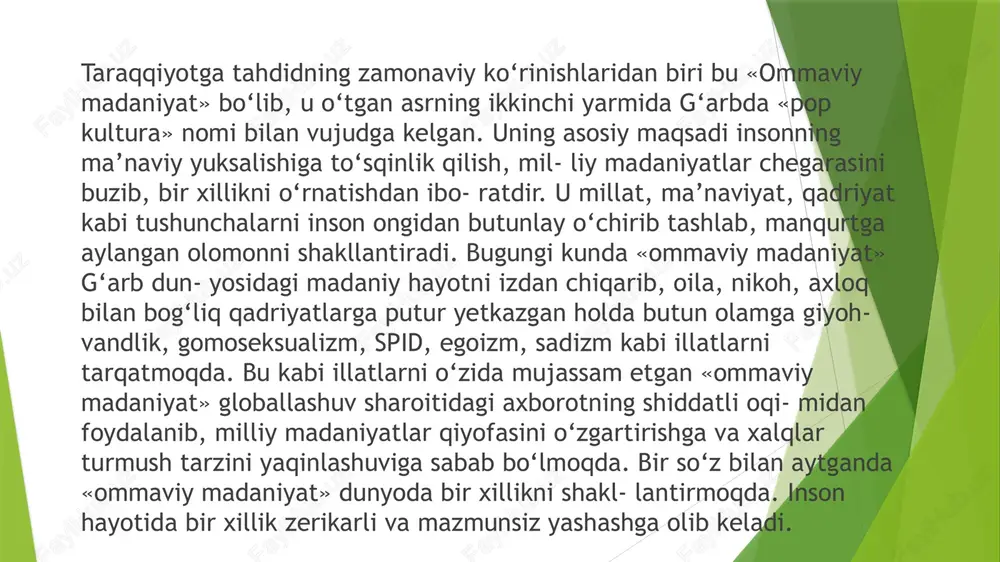 , balki oilada kattalar va bolalar, bolalar jamoasidagi bolalar o’rtasidagi tarqoqlikni bartaraf etish vositasidir. oila va ta’lim muassasasi o’rtasida, shaxs (ham kichik bola, ham kattalar; bola, ota-ona, os o’qituvchisi) va an’anaviy madaniyat o’rtasida. bolalarni ma’naviy-axloqiy tarbiyalashdagi qiyinchiliklar. toki mana shunday tarqoqlik bartaraf etilmaguncha, oilada ma’naviy jamiyatga erishilmaguncha, ta’lim muassasalari bu muammoni o‘z darajasida hal etish yo‘llarini topsalar ham, bolalarni ma’naviy-axloqiy tarbiyalashda ko‘p ish qilish mumkin emas. e’tiboringiz uchun tashakkur!!! savollar boʻlsa marhamat!!! image1.jpeg image2.jpeg /docprops/thumbnail.jpeg