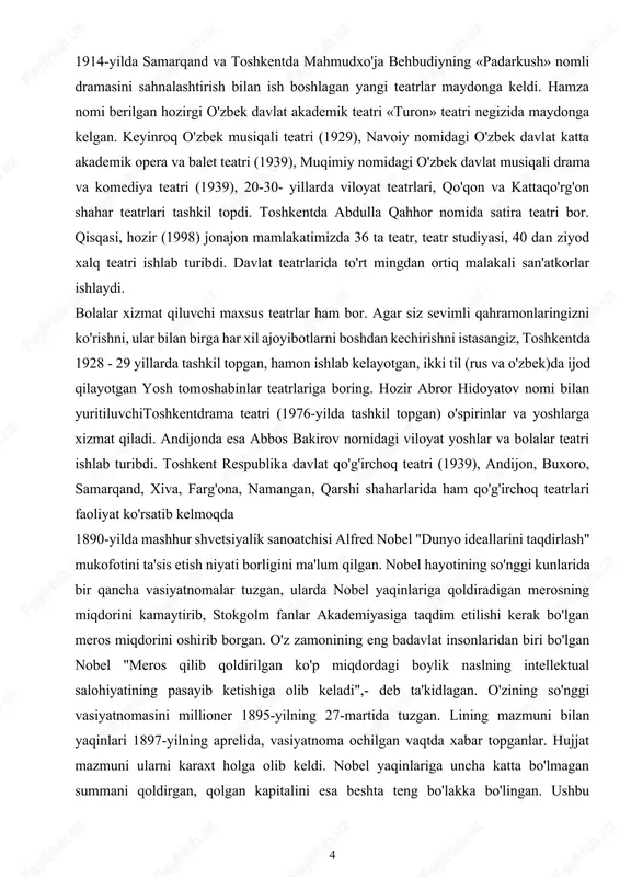 aringizni ko'rishni, ular bilan birga har xil ajoyibotlarni boshdan kechirishni istasangiz, toshkentda 1928 - 29 yillarda tashkil topgan, hamon ishlab kelayotgan, ikki til (rus va o'zbek)da ijod qilayotgan yosh tomoshabinlar teatrlariga boring. hozir abror hidoyatov nomi bilan yuritiluvchitoshkentdrama teatri (1976-yilda tashkil topgan) o'spirinlar va yoshlarga xizmat qiladi. andijonda esa abbos bakirov nomidagi viloyat yoshlar va bolalar teatri ishlab turibdi. toshkent respublika davlat qo'g'irchoq teatri (1939), andijon, buxoro, samarqand, xiva, farg'ona, namangan, qarshi shaharlarida ham qo'g'irchoq teatrlari faoliyat ko'rsatib kelmoqda 1890-yilda mashhur shvetsiyalik sanoatchisi alfred nobel "dunyo ideallarini taqdirlash" mukofotini ta'sis etish niyati borligini ma'lum qilgan. nobel hayotining so'nggi kunlarida bir qancha vasiyatnomalar tuzgan, ularda nobel yaqinlariga qoldiradigan merosning miqdorini kamaytirib, stokgolm fanlar akademiyasiga taqdim etilishi kerak bo'lgan meros miqdorini oshirib borgan. o'z zamonining eng badavlat insonlaridan biri bo'lgan nobel "meros qilib qoldirilgan ko'p miqdordagi boylik naslning intellektual salohiyatining pasayib ketishiga olib keladi",- deb ta'kidlagan. o'zining so'nggi vasiyatnomasini millioner 1895-yilning 27-martida …