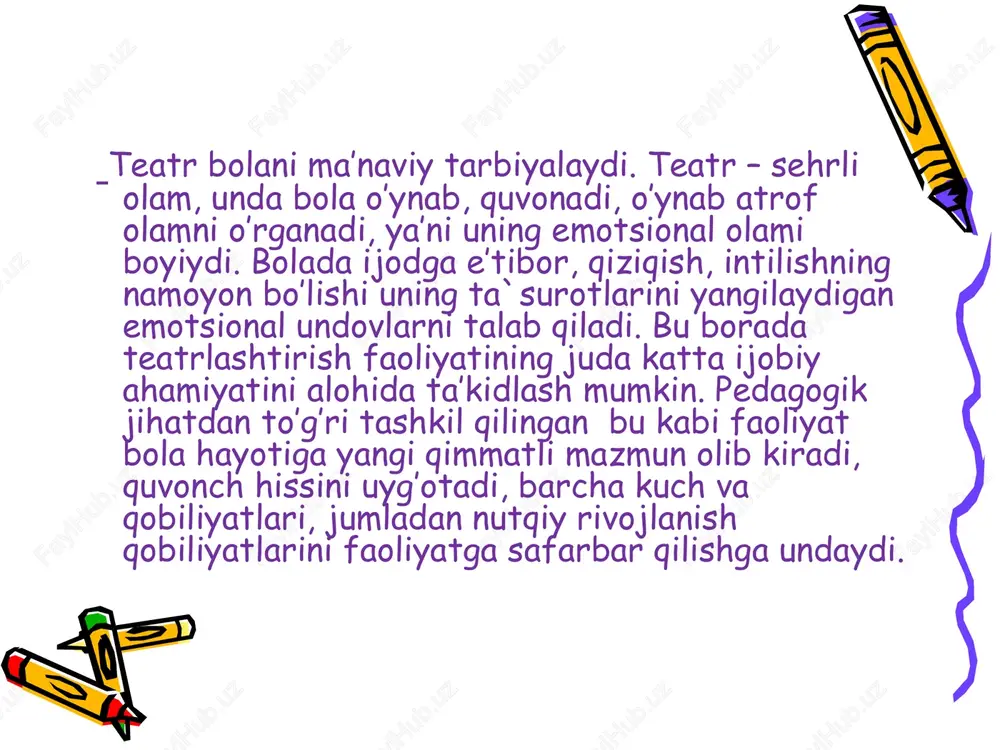 orlash hamda rahbarlikni to‘g’ri amalga oshirish. adabiy asarlarni tanlashda quyidagi talablar qo‘yiladi: 1, mazmunining g’oyaviy-ma’naviy barkamolligi. 2, badiiy jihatdan mazmundorligi. 3, asardagi qatnashchi va rollarning soni (qancha ko‘p bo‘lsa, asar shuncha ahamiyatlidir). 4, mazmuni yaxshi bo‘lishi bilan birga, unda harakat turlarining ham ko‘p bo‘lishi. 5, ifodali o‘qishga mos bo‘lishi. 6, mazmuni qiziqarli, hayot bilan bog’langan bo‘lmog’i zarur. bolalar bilan spektaklda ishlashning asosiy qoidalari. sahna asarini tanlash va uni bolalar bilan muhokama qilish. pyesani epizodlarga bo’lish ularni bolalar tomonidan so’zlab berilishi. etyud ko’rinishidagi alohida epizodlar bilan ishlash. savollar; 1.teatr bola tarbiyasida qanday ahamiyatga ega? 2.teatr faoliyati – bola nutqini rivojlantirishda qanday ahamiyatga ega? e’tiboringiz uchun tashakkur! image1.jpeg image2.wmf /docprops/thumbnail.jpeg
