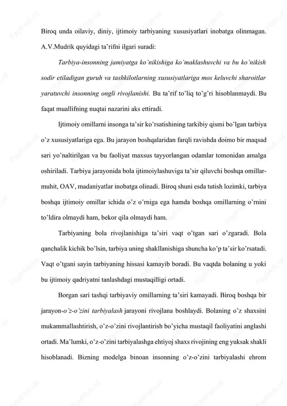 omonidan qabul qilingan xulq-atvor me'yorlarini qabul qilishi bilan bir qatorda o`z navbatida bola o`zining ham individual xususiyatlarini sotsiumga qo`shib borishi mumkin va bu jarayon bolaning jamiyatga integratsiyalanishi deb ataladi. bu jarayonlar spontan, stixiyali va tartibsiz holda amalga oshirilishi va aksincha boshqarilib, ma'lum maqsadga yo`naltirilib ham borilishi mumkin. bu jarayon esa tarbiyalash deb ataladi. bolaning ongli, faol va mustaqil faoliyati esa o`z-o`zini tarbiyalash jarayoni deb ataladi. jamiyatdagi barcha mutaxassislarning va tarbiyachilarning harakatlari bolaning ijtimoiy adaptatsiyalanishiga qaratilgan. bolaning ijtimoiy muhitga moslashuviga to`sqinlik qiluvchi ijtimoiy-ma'naviy fazilatlarning yo`qligi hamda ularning shakllanmay qolishi ijtimoiy dezadaptsiya deb ataladi. bunday holatlarda ularning oldini olish hamda ma'lum chora-tadbirlar ishlab chiqish kerak bo`ladi. demak, bolaning jamiyatda ijtimoiy adaptatsiyalanishiga, uning ijtimoiy statusini qayta tiklashga, yo`qotilgan ijtimoiy munosabatlarni qayta tiklashga qaratilgan faoliyat turini ijtimoiy reabilitatsiya qilish deb ataladi. ijtimoiylashtirish -tarbiyaning bosh maqsadi bola shaxsining rivojlanishi inson ijtimoiy mavjudotdir degan falsafiy ta’limotga asoslanadi. ayni vaqtda inson tirik, biologik mavjudot hamdir. demak, uning …