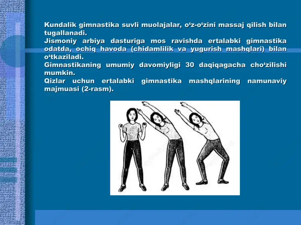yish (6 g, rasm), zngashib yarim cho‘kqayish va bu «suzuvchi starti» deb ham yuritiladi, (6 d, rasm), o‘ng yoki chap oyoqda yarim cho‘qqaynsh, o‘ng (6e, rasm) yoki chap oyoqda cho‘qqayish va boshqalar. tashlanish—tayanch oyoqni biron tomonga tashlab bukish harakati yoki shundan keyin hosil bo'lgan holat (7 a, rasm), og'ir tashlanish (7 b, rasm), o'ngga tashlanib engashish (7 v, rasm), qattiq tashlanish (7 g, rasm), qaysi oyoq qaysi tomonga tashlanishi «o'rsatiladigan — teskari tashlanish — masalan, chap oyoqda o'ngga tashlanish (7d, rasm). 1-9 sinflarda gimnastika va akrobatika mashqlarini o‘rgatish barkamol avlod orzusi – eng ulug‘ orzu. o‘zbekistonning kelajagi buyuk ekaniga qathiy ishonch bilan yashayotgan xalqimizning orzusi bu. prezidentimiz tahkidlaganidek, “nimani o‘z oldimizga maqsad qilib qo‘ymaylik, qanday buyuk ishlarni amalga oshirishga intilmaylik, barcha olijanob harakatlarimizning negizida, barcha ezgu niyatlarimizning zamirida farazandlarimizni ham jismonan, ham mahnaviy jihatdan sog‘lom qilib o‘stirish, hech kimdan kam bo‘lmaydigan avlodni tarbiyalash orzusi mujassamdir”. gimnastika bilan maktabgacha yoshdagi ta’lim …